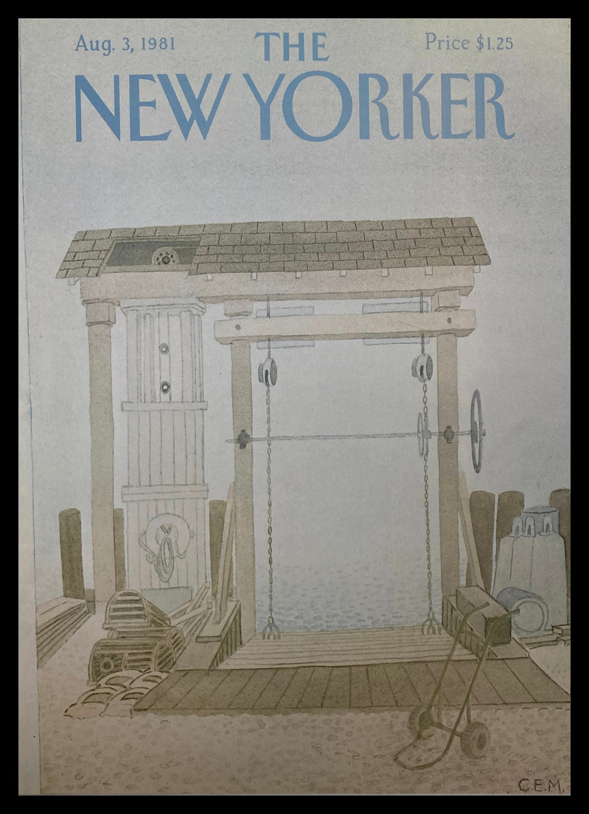 Cover art from The New Yorker dated August 3, 1981, featuring an illustration by Charles E. Martin depicting a seaside scene with vintage equipment and a nostalgic atmosphere.