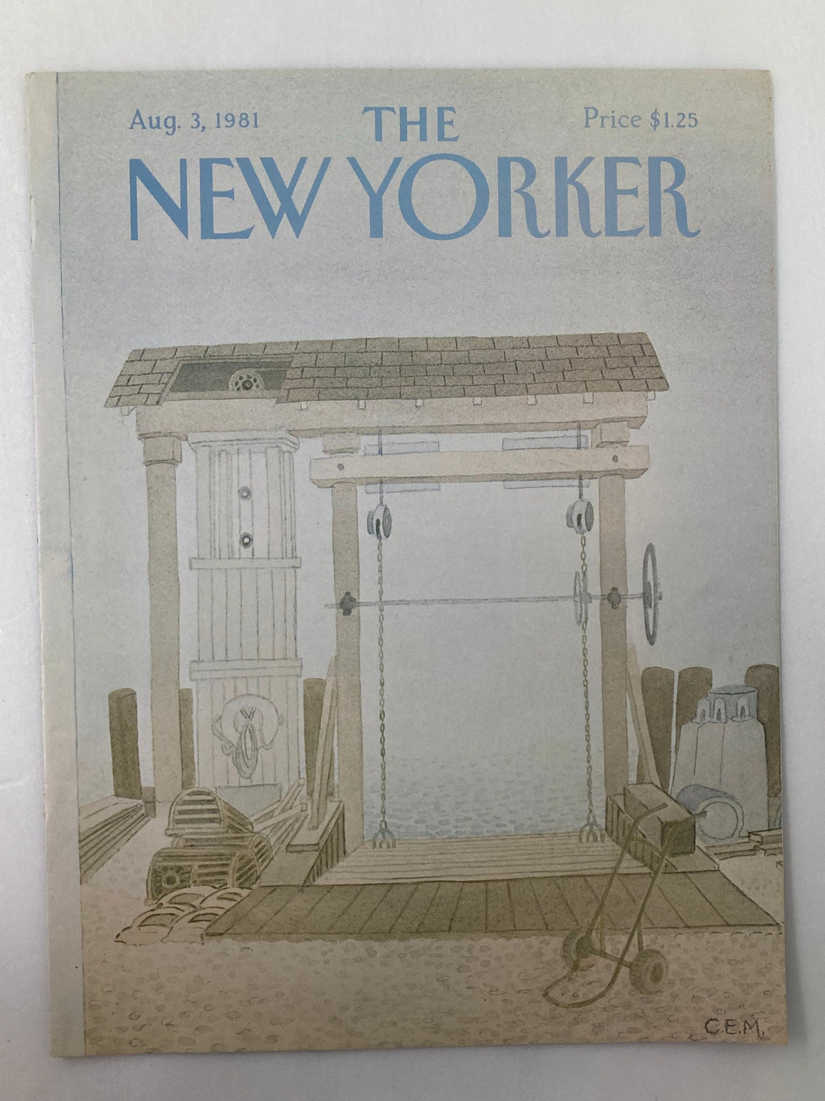 Cover of The New Yorker magazine from August 3, 1981, showcasing an illustration by Charles E. Martin, highlighting a tranquil waterfront with unique equipment and design elements.