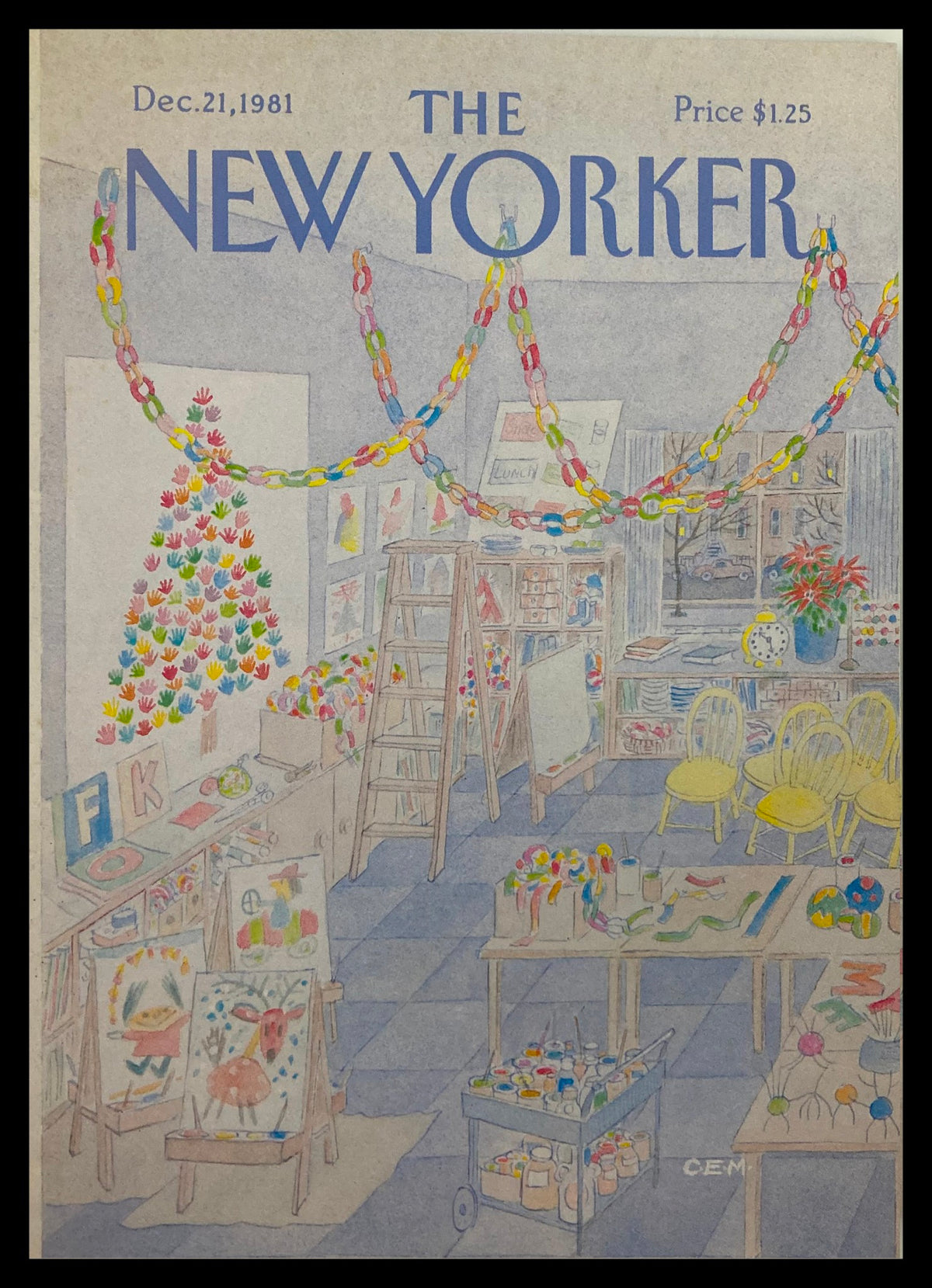 Cover of The New Yorker December 21, 1981, featuring artwork titled "Art School" by Charles Martin showing a colorful art classroom filled with decorations and children's artwork.