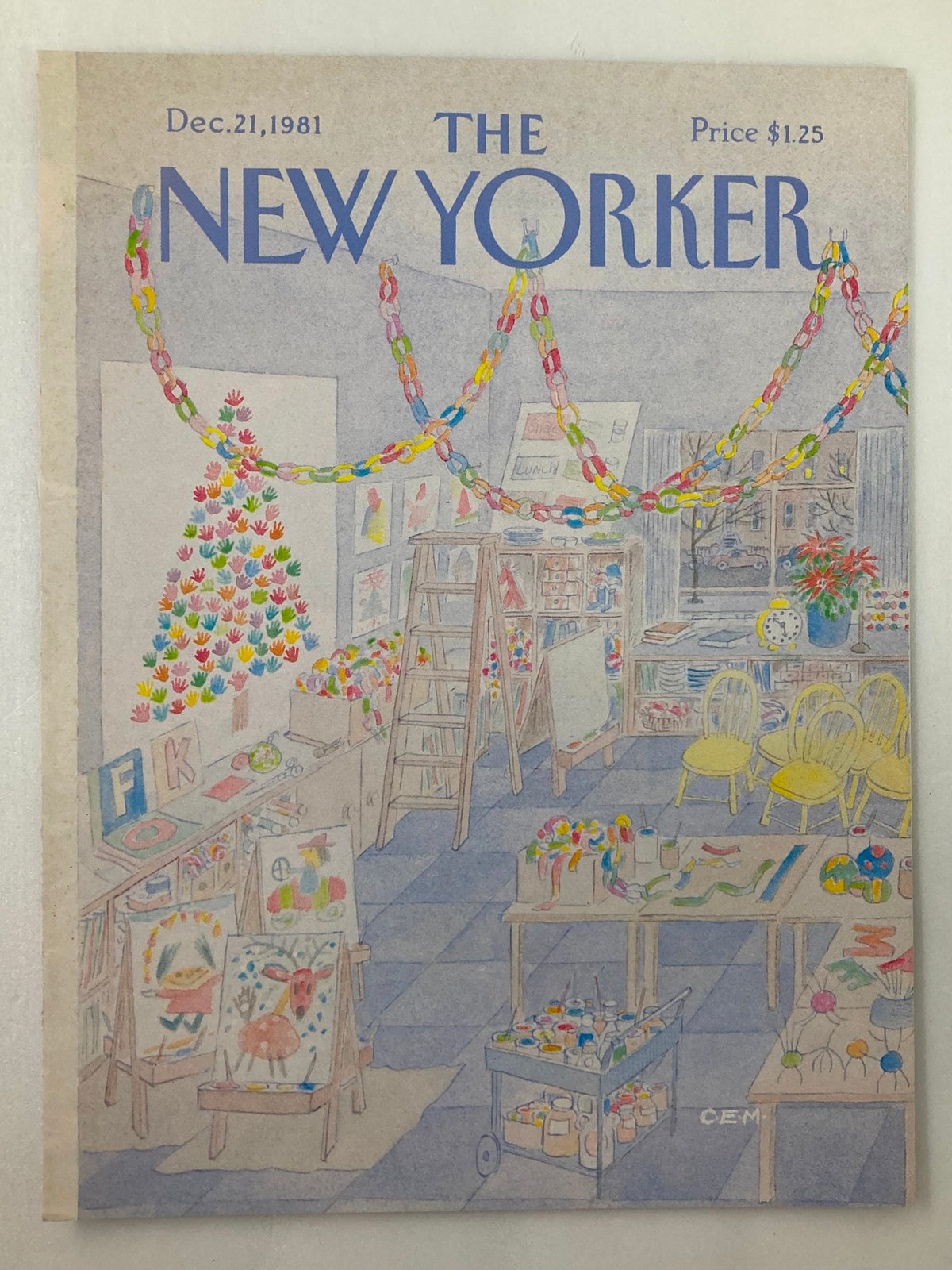Cover of The New Yorker December 21, 1981, featuring Charles Martin's "Art School" artwork depicting a vibrant art studio with festive decorations and paintings by children.
