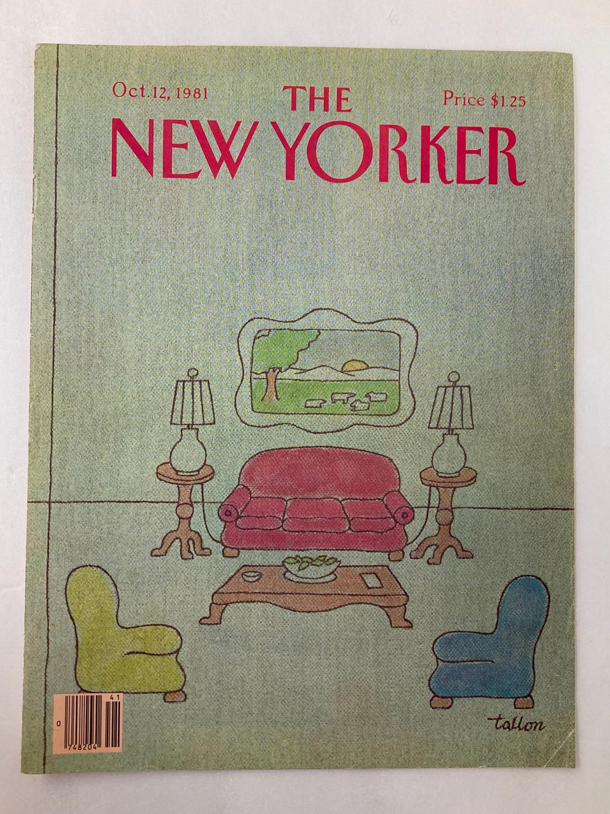 COVER ONLY The New Yorker October 12 1981, art by Robert Tallon, illustrating a vintage living room setting with a red sofa, two lamps, and a scenic painting.