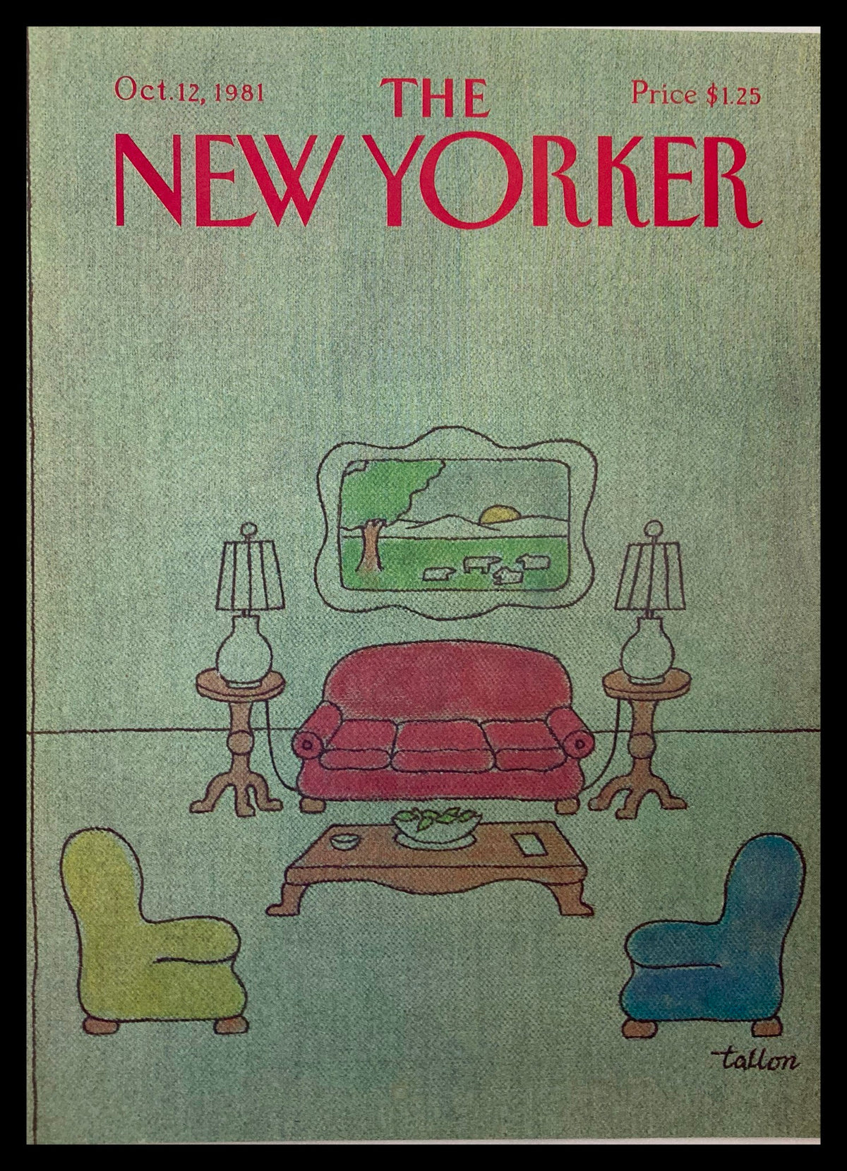 Cover of The New Yorker October 12, 1981 featuring colorful couches designed by Robert Tallon, showcasing a vintage living room scene with lamps and a landscape painting.