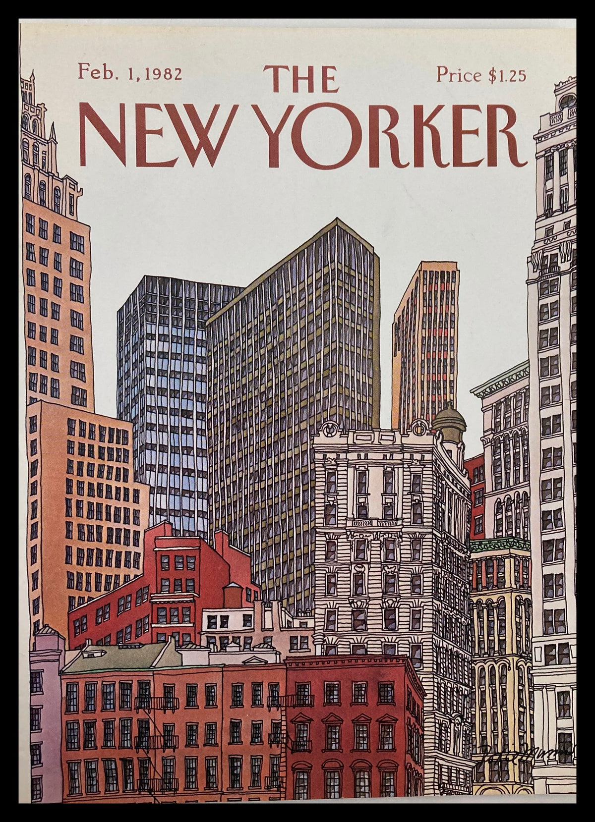 Cover of The New Yorker dated February 1, 1982, featuring building illustrations by Roxie Munro, showcasing various architectural styles in an urban landscape.