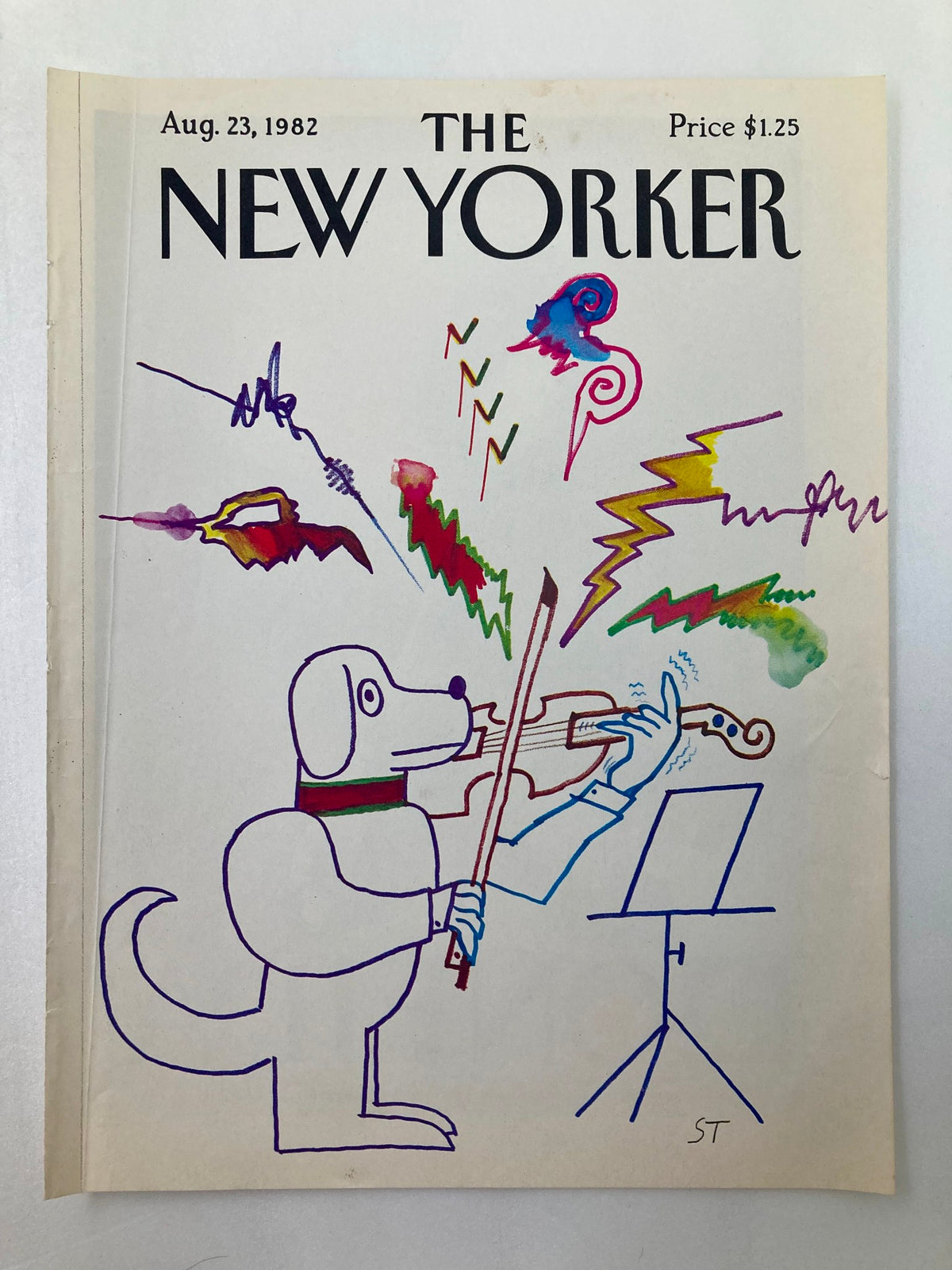 COVER ONLY The New Yorker August 23 1982 showcasing an artistic depiction of a dog playing violin by Saul Steinberg, highlighting colorful musical elements and charming creativity.