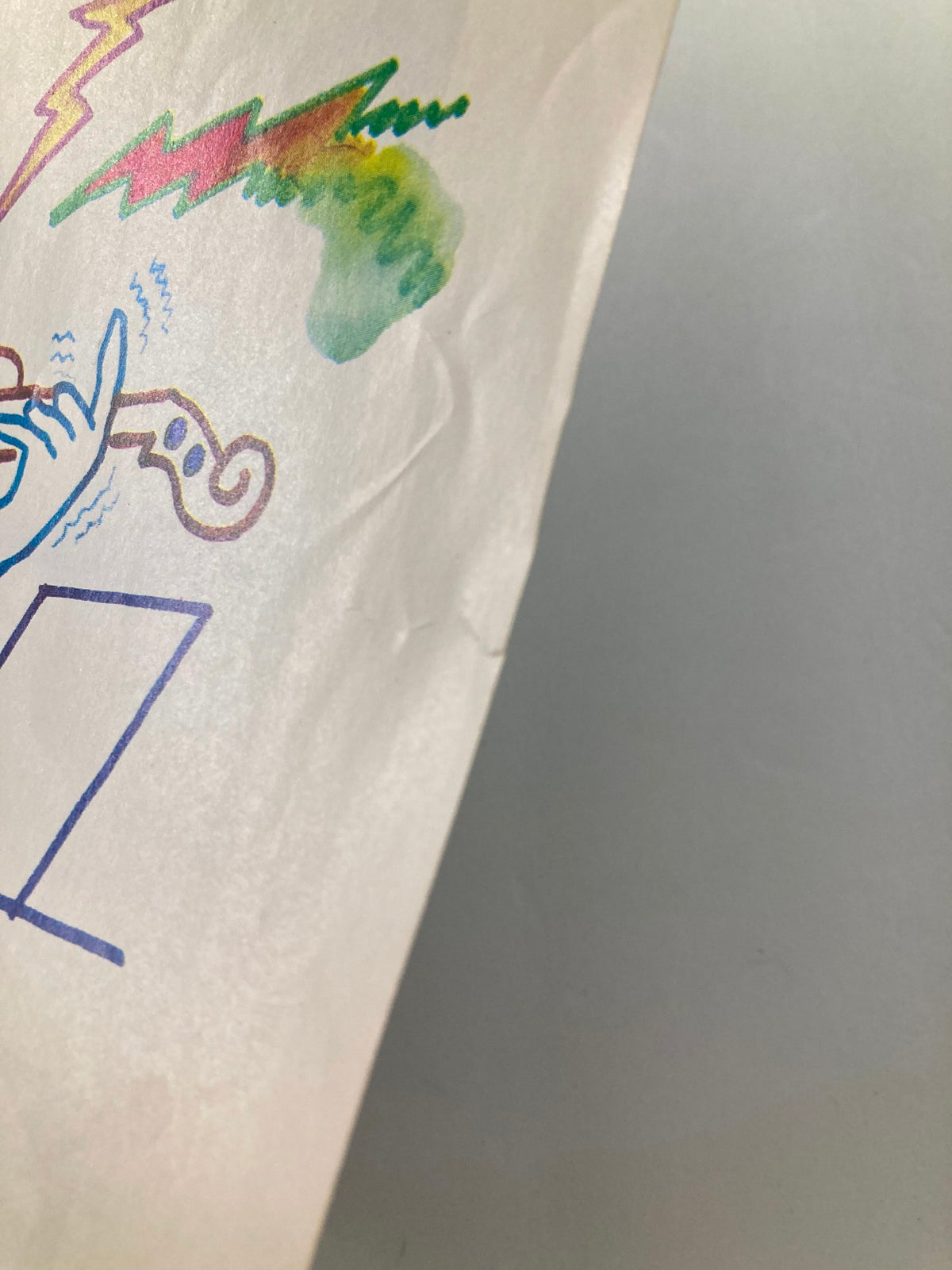 Detail of the cover of The New Yorker magazine from August 23, 1982 showing colorful lightning bolts and musical elements surrounding the illustration 'Dog Plays' by Saul Steinberg, emphasizing the artistic flair of the vintage magazine cover.