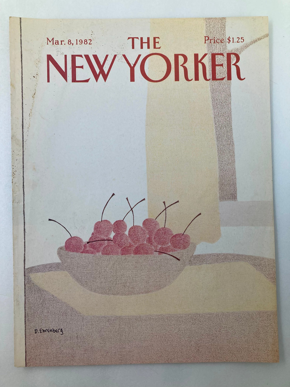 COVER ONLY The New Yorker March 8 1982 Cherry Bowl by D. Ehrenberg featuring vintage design elements and soft colors, ideal for framing and display.