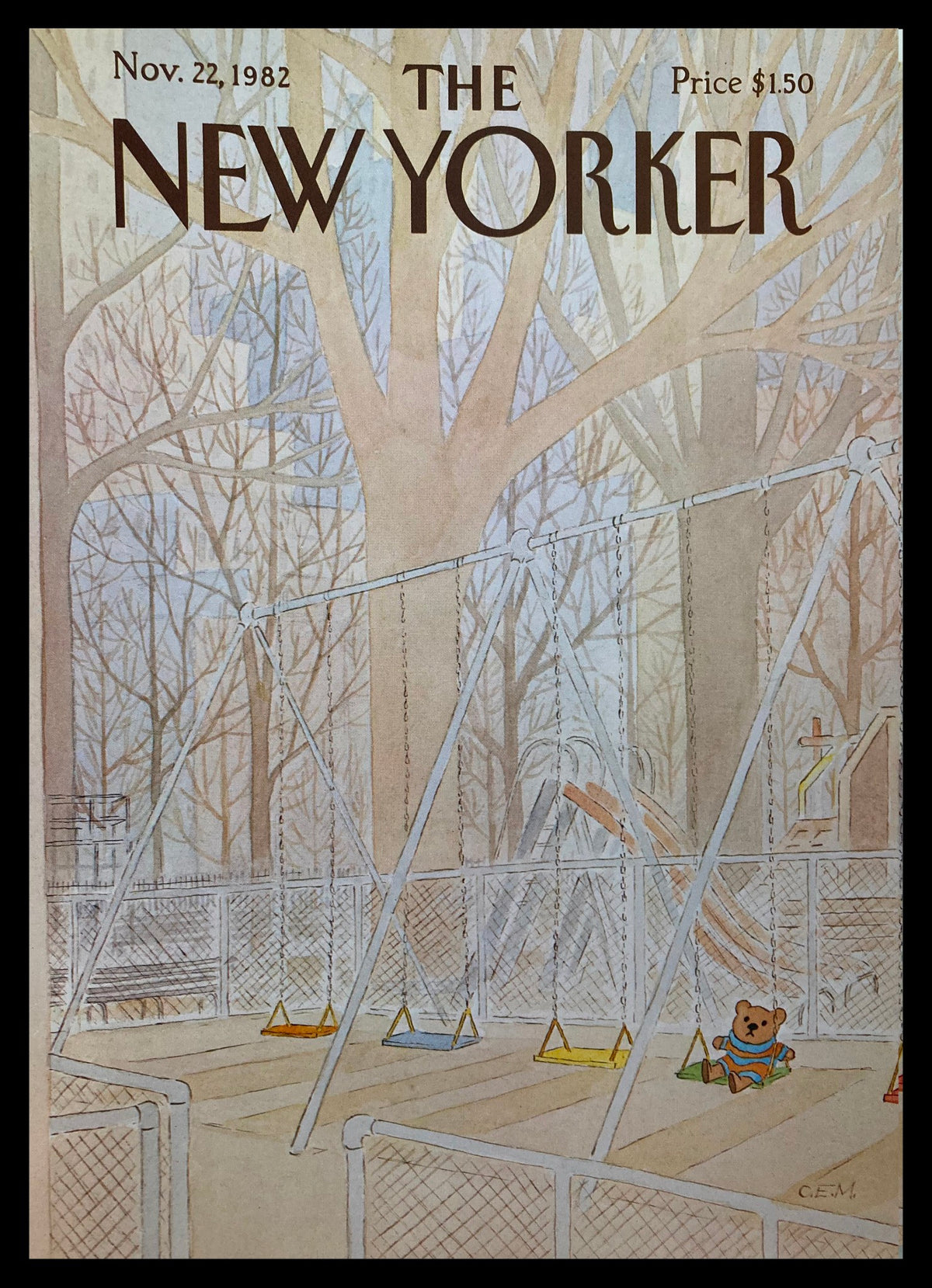 COVER ONLY The New Yorker November 22 1982 Playground by Charles Martin, featuring a whimsical illustration of a playground with swings and a teddy bear, capturing the essence of childhood play.