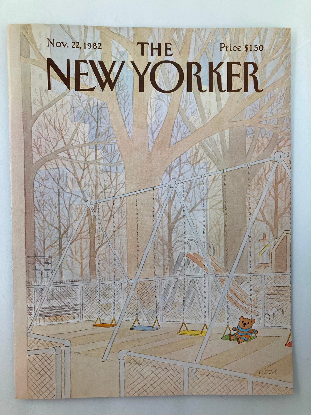 COVER ONLY The New Yorker November 22 1982 Playground by Charles Martin, showcasing a serene playground scene with swings and a teddy bear nestled in a winter setting.