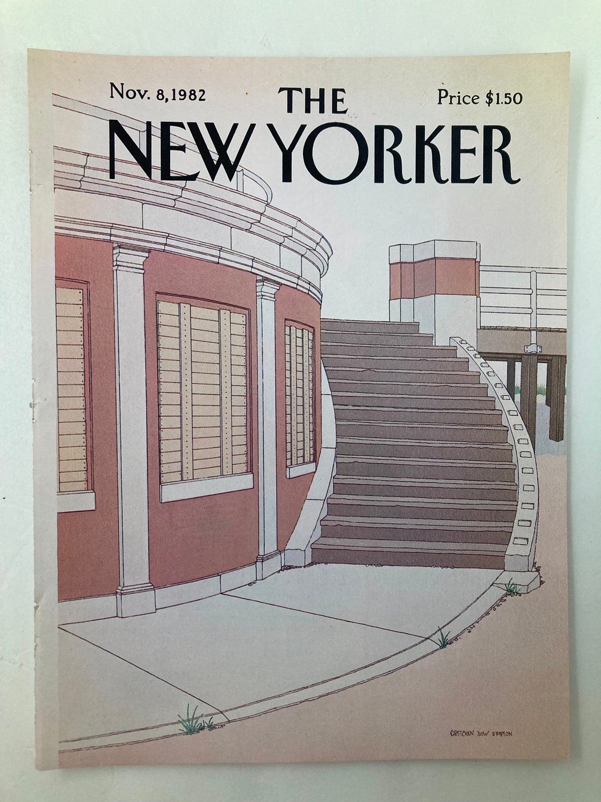 Cover only The New Yorker November 8 1982 titled 'Stairs' by Gretchen Simpson, showcasing a graphic representation of a staircase and architecture, ideal for home decor and art collection.