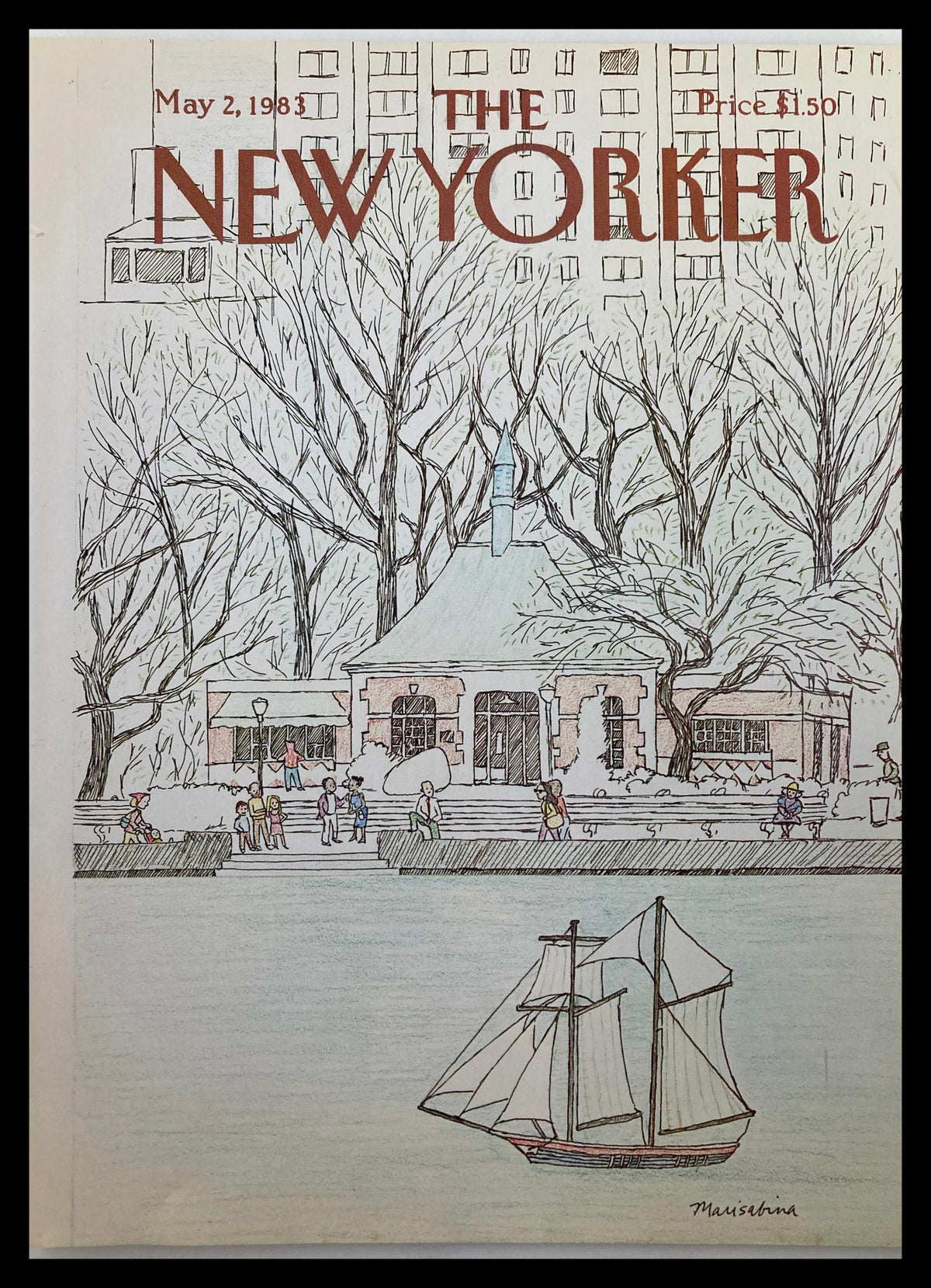 COVER ONLY The New Yorker May 2 1983 Toy Boat by Marisabina Russo, featuring whimsical illustration of a toy boat with people by a park setting.