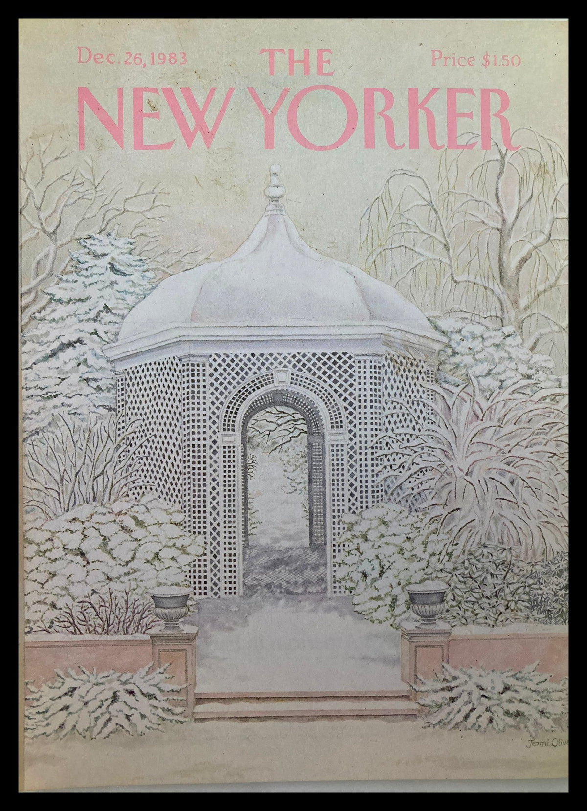 Cover Only - The New Yorker December 26, 1983 Gazebo by Jenni Oliver, featuring a beautifully illustrated gazebo surrounded by winter foliage, perfect for collectors and vintage art enthusiasts.