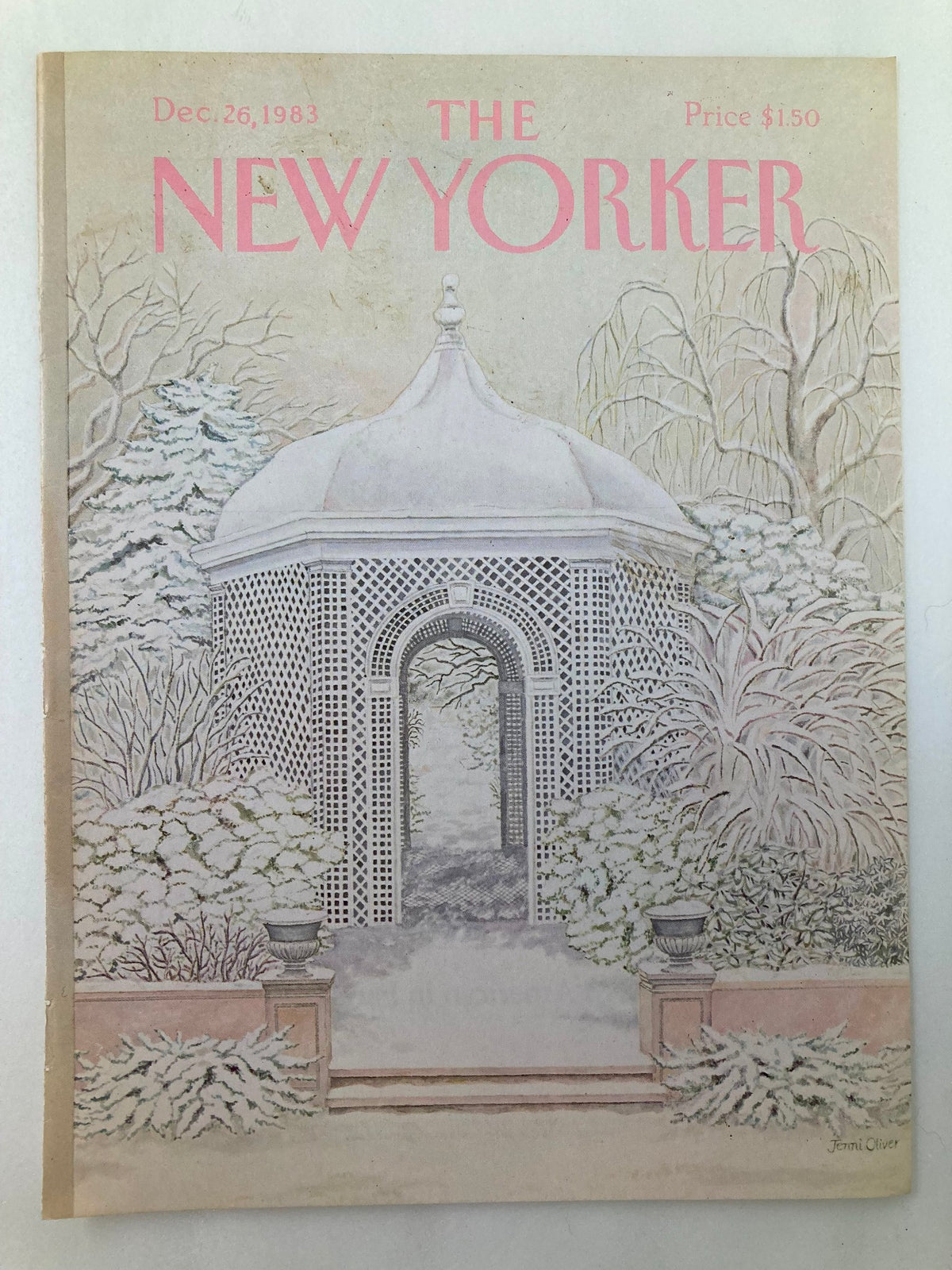 Cover Only - The New Yorker December 26, 1983 Gazebo by Jenni Oliver, showcasing a serene winter scene with a gazebo, ideal for decorative framing and nostalgic art appreciation.