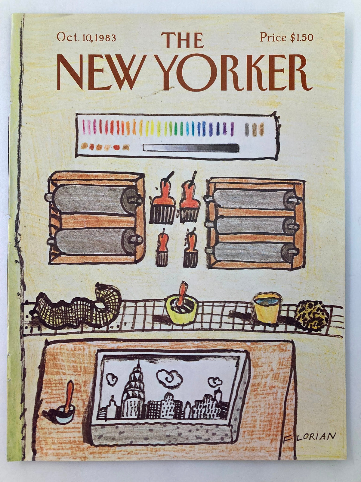 The New Yorker Cover October 10, 1983, designed by D. Florian showcasing vibrant colors and artistic elements including paint supplies and a cityscape.