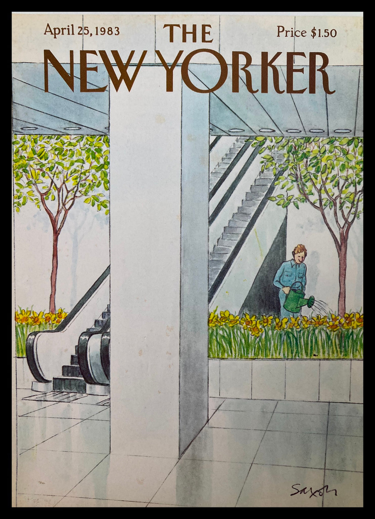 Cover of The New Yorker dated April 25, 1983, illustrated by Charles Saxon, featuring an indoor scene with a man watering flowers near escalators in a modern environment.