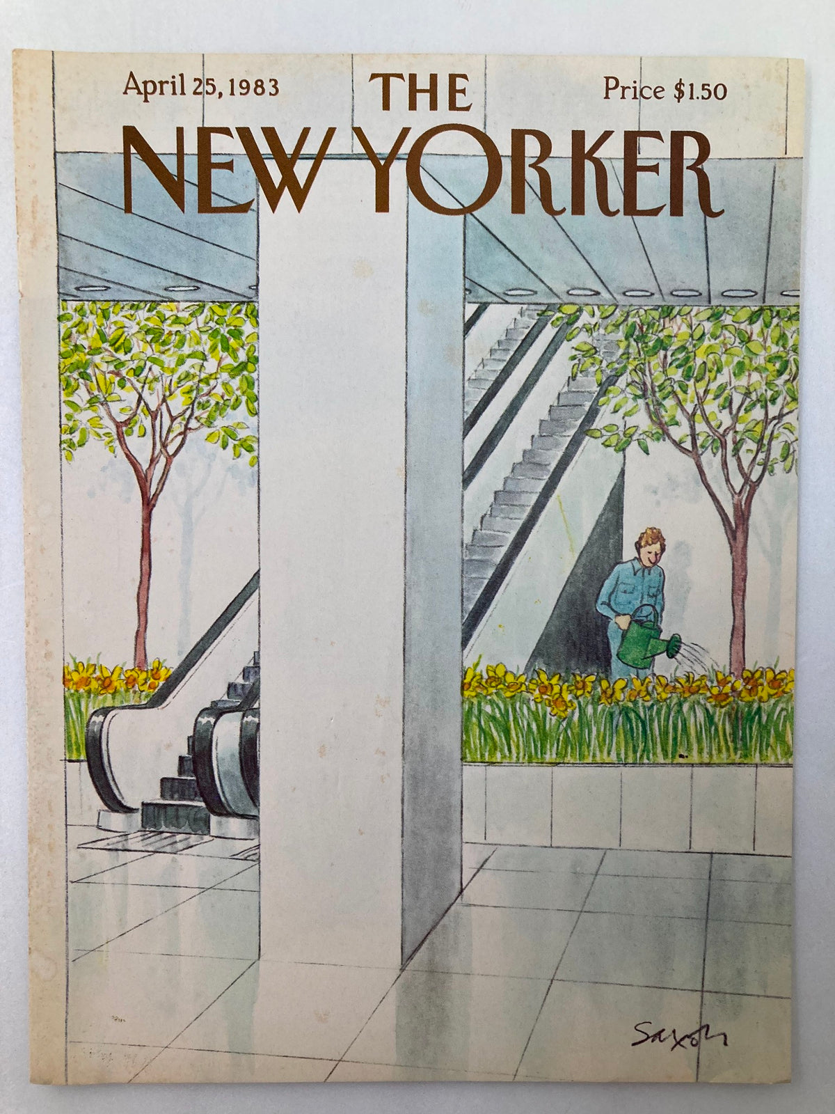 Cover of The New Yorker dated April 25, 1983, by Charles Saxon, showcasing an indoor plant theme with a man tending to flowers and escalators in view.