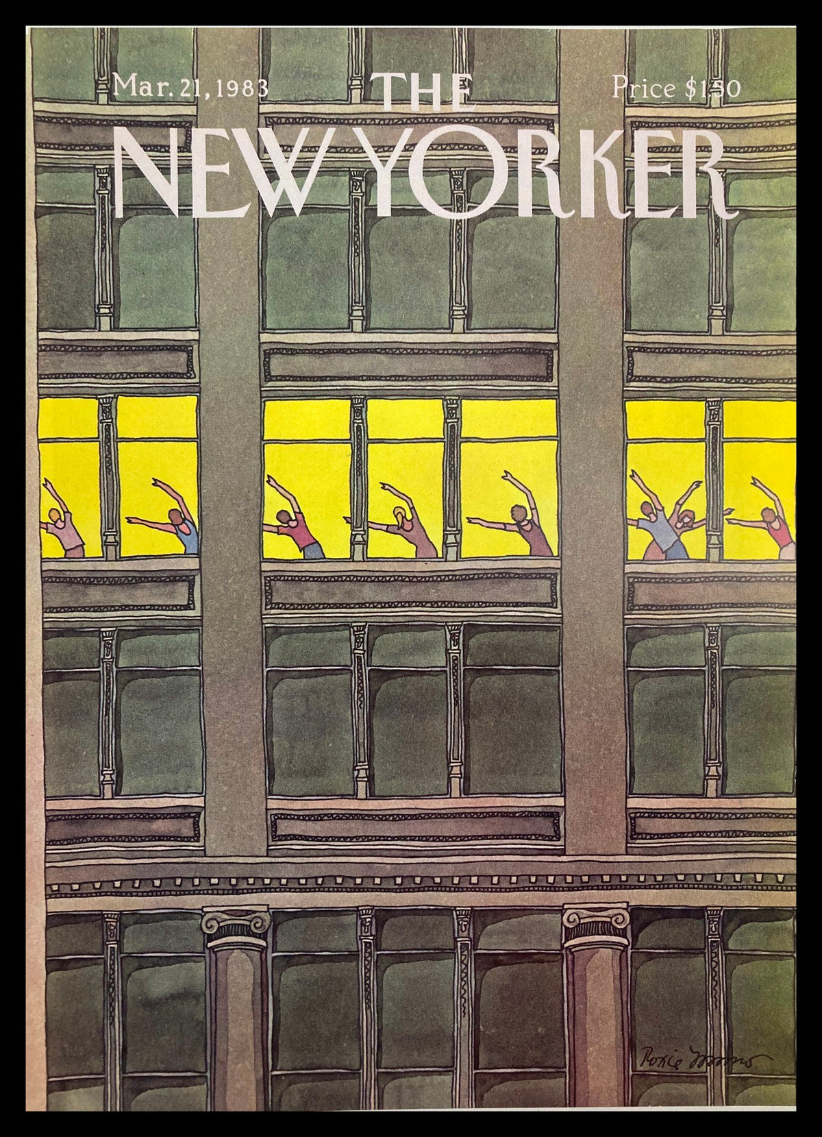 The New Yorker Cover March 21 1983 by Roxie Munro featuring a vibrant illustration of people exercising in aerobics through large windows of a building, capturing the essence of the 80s fitness craze.