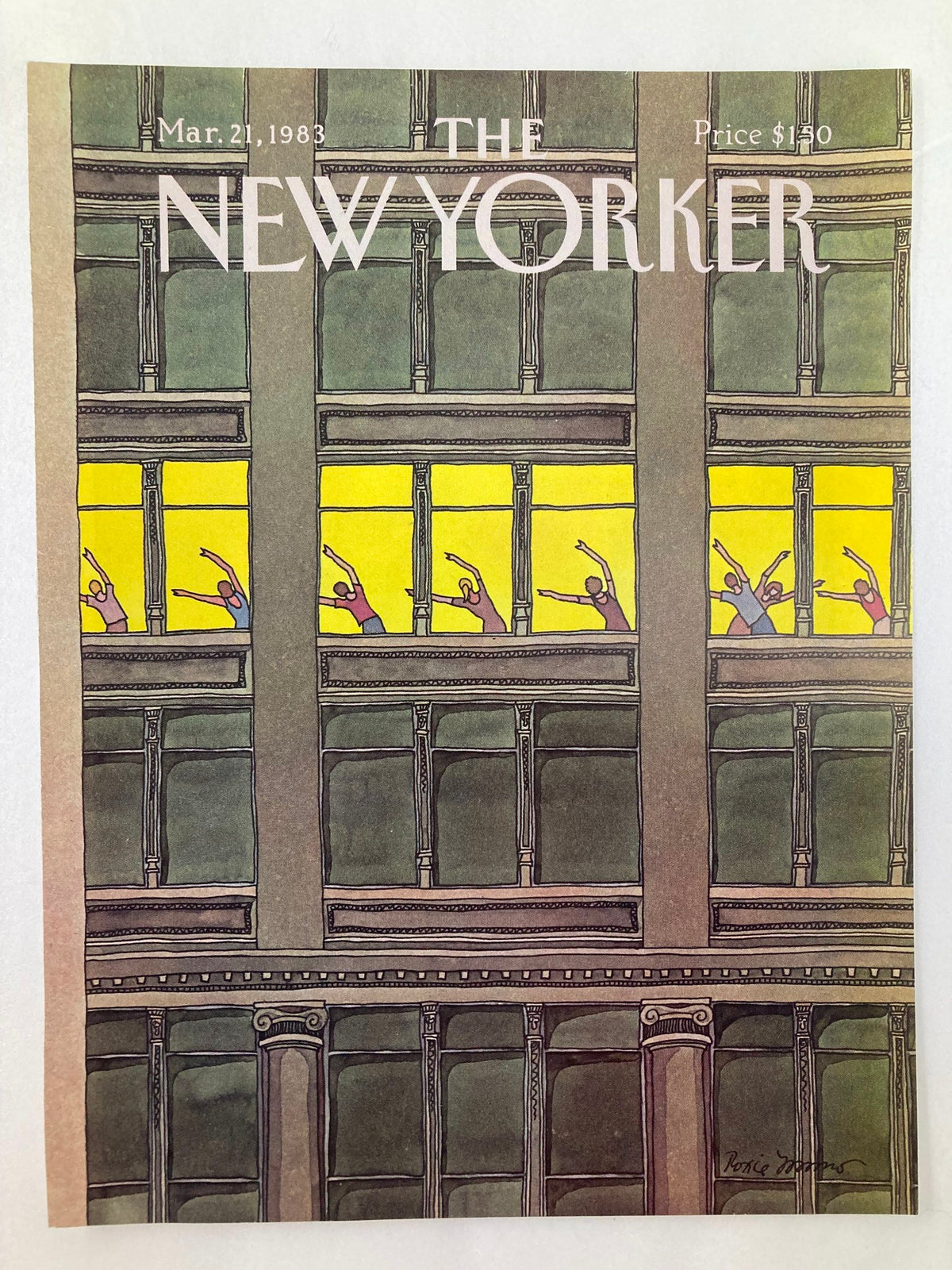 The New Yorker Cover March 21 1983 by Roxie Munro showcasing a colorful depiction of aerobics enthusiasts visible through windows, representing vintage magazine art from the early 1980s.