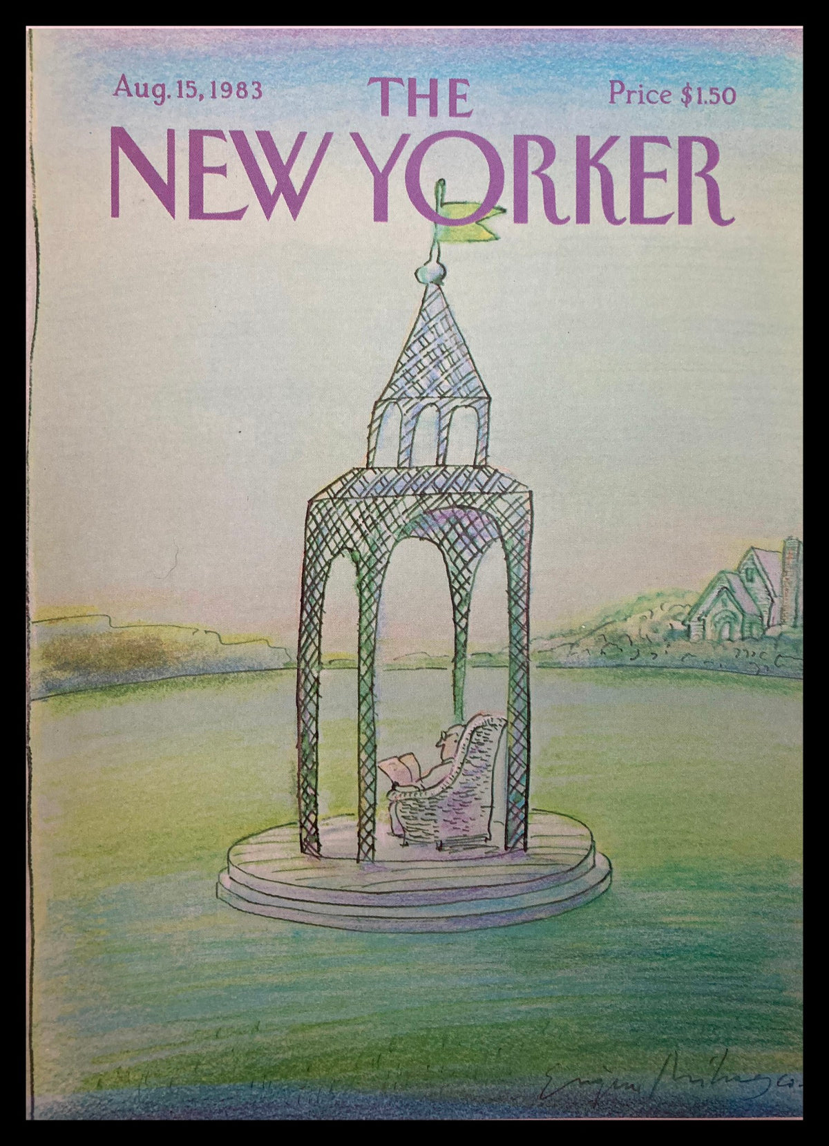 COVER ONLY The New Yorker August 15, 1983, featuring artwork by Eugene Mihaesco, depicting a serene gazebo setting with a reader seated inside, an iconic representation of vintage magazine art.