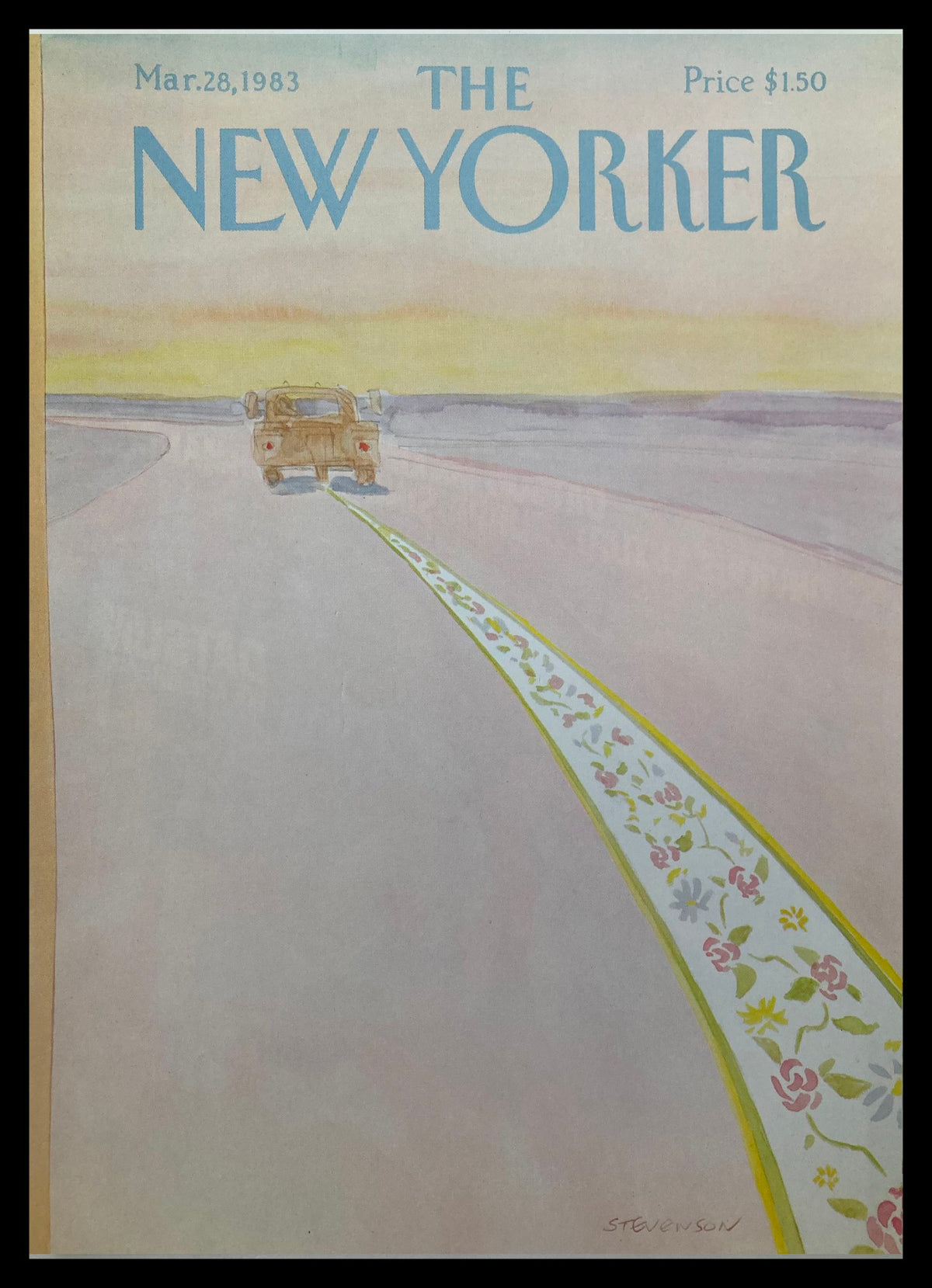 Vintage cover of The New Yorker dated March 28, 1983, titled 'Road Track' by James Stevenson, showcasing a captivating illustration of a truck driving on a road with a floral path, perfect for collectors and art enthusiasts.
