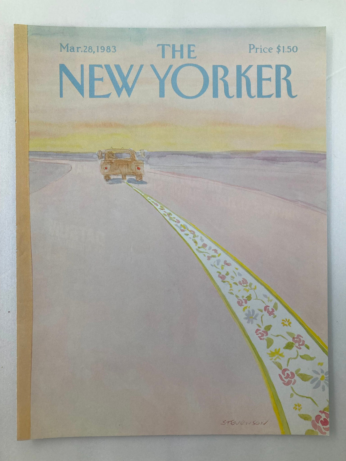 Cover of The New Yorker dated March 28, 1983, featuring 'Road Track' artwork by James Stevenson, showcasing a vehicle on a whimsical road with floral designs.