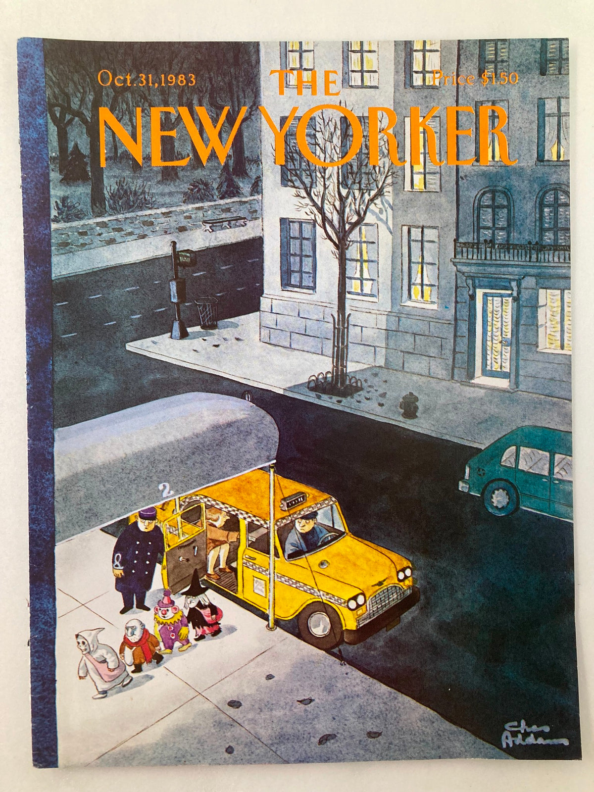 The New Yorker cover from October 31, 1983, designed by Chas Addams, showcasing a whimsical Halloween scene with costumed characters exiting a taxi on a city street.