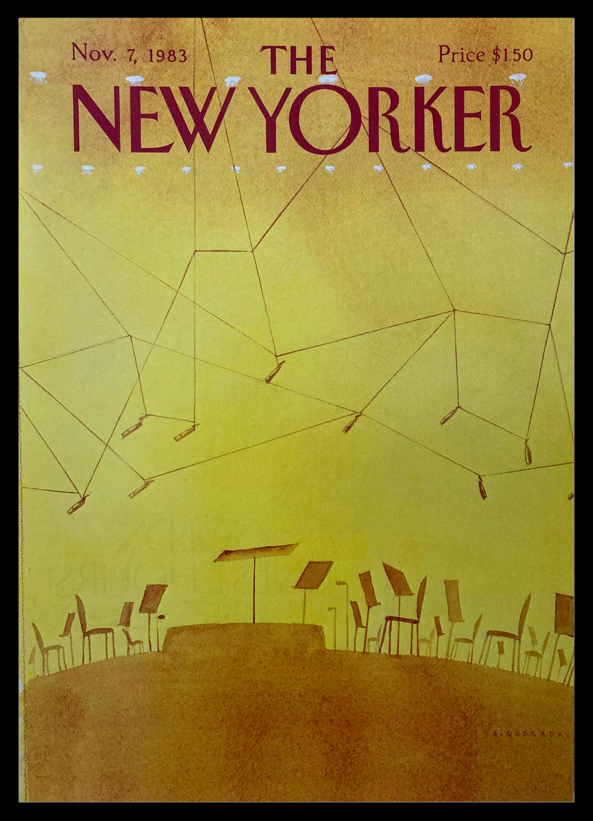 Cover only of The New Yorker magazine from November 7, 1983, featuring artwork by Abel Quezada, showcasing a yellow background with music stands and chairs, symbolizing musical storytelling.