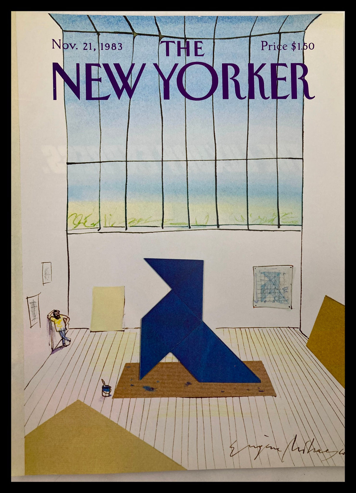 COVER ONLY The New Yorker November 21 1983 Pattern by Eugene Mihaesco featuring a blue abstract sculpture in an art gallery setting.