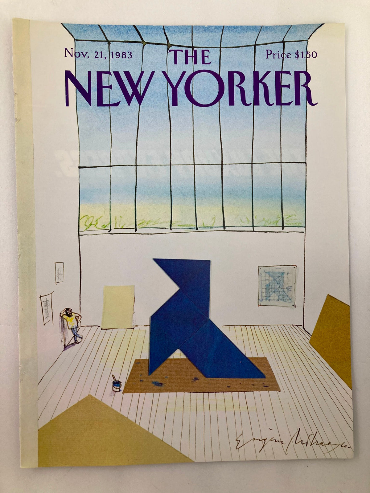 COVER ONLY The New Yorker November 21 1983 Pattern by Eugene Mihaesco displaying an artistic interior scene with a blue sculpture and a figure leaning against the wall.