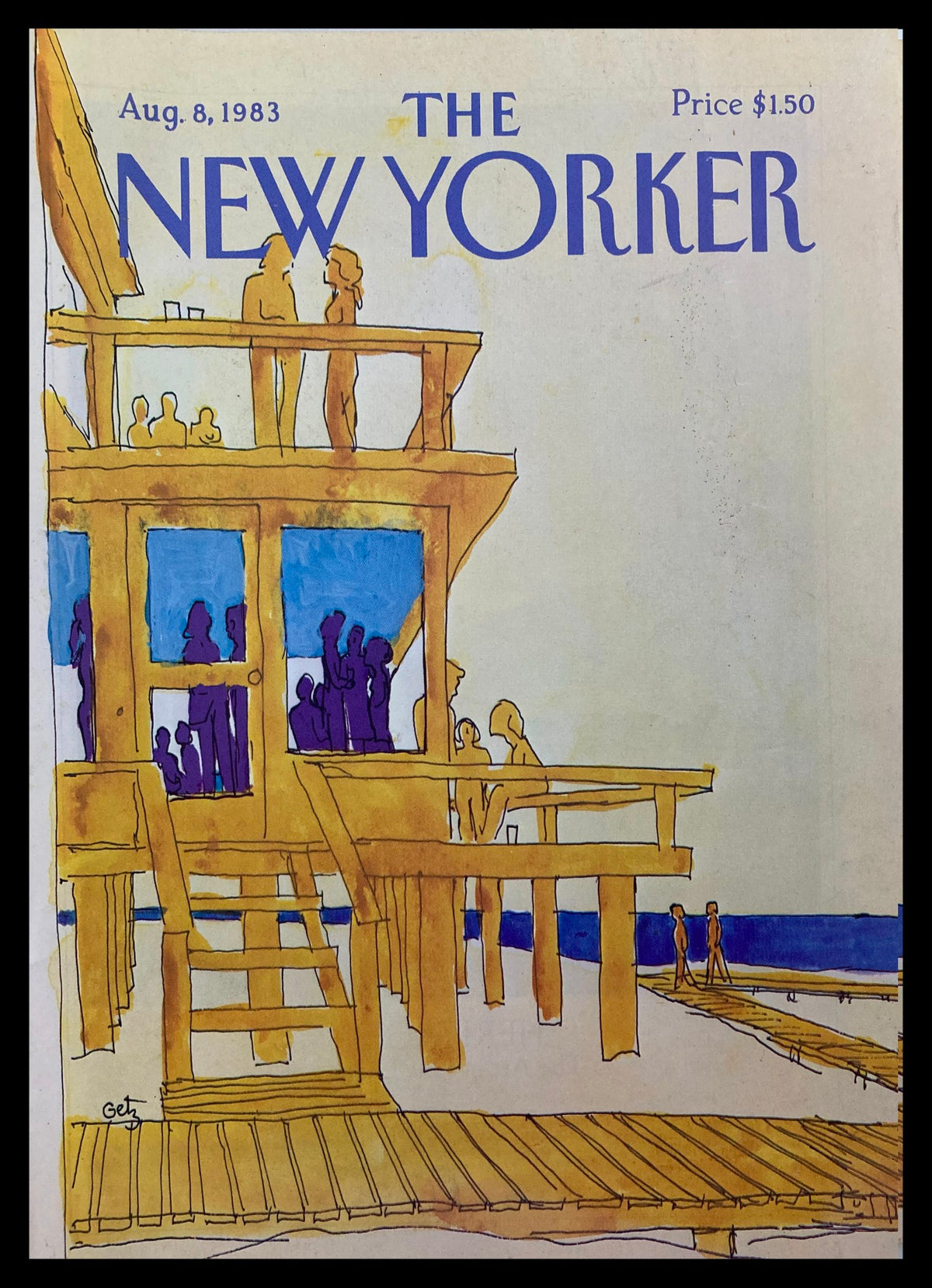 COVER ONLY The New Yorker August 8, 1983 featuring 'Upper Deck' artwork by Arthur Getz, showcasing a vibrant beach scene with figures on a deck and boardwalk.
