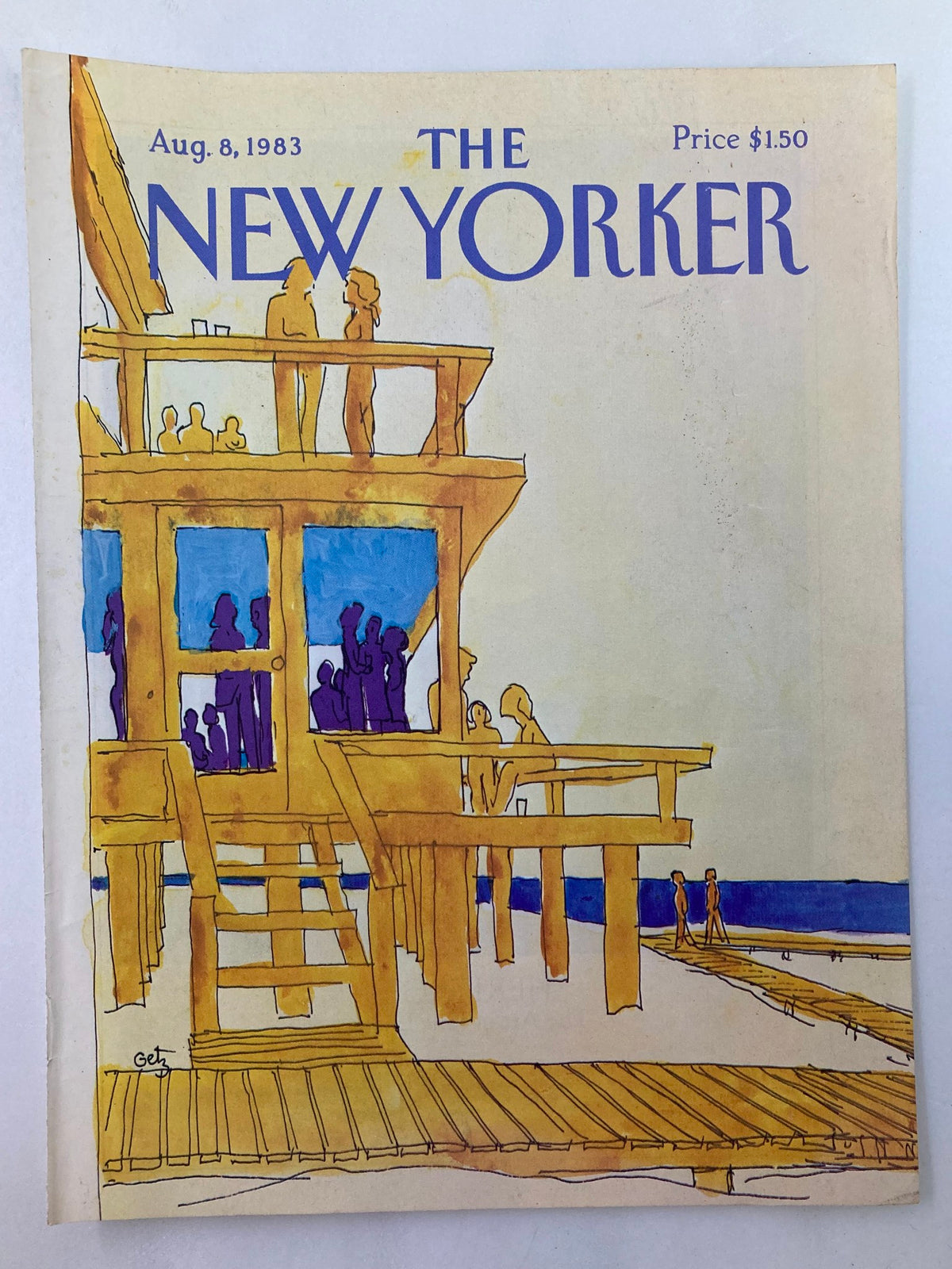 COVER ONLY The New Yorker August 8, 1983 featuring illustration titled 'Upper Deck' by Arthur Getz, depicting a vibrant scene with figures on a wooden deck overlooking the sea.