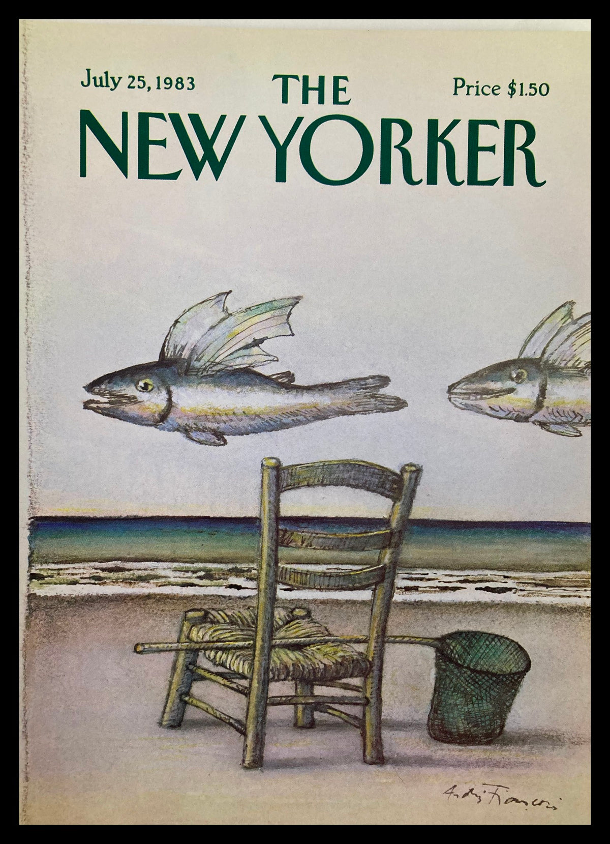 The New Yorker July 25 1983 Sail Fish cover featuring whimsical flying fish and a beach scene with a wooden chair and bucket. Artwork by Andre Francois.