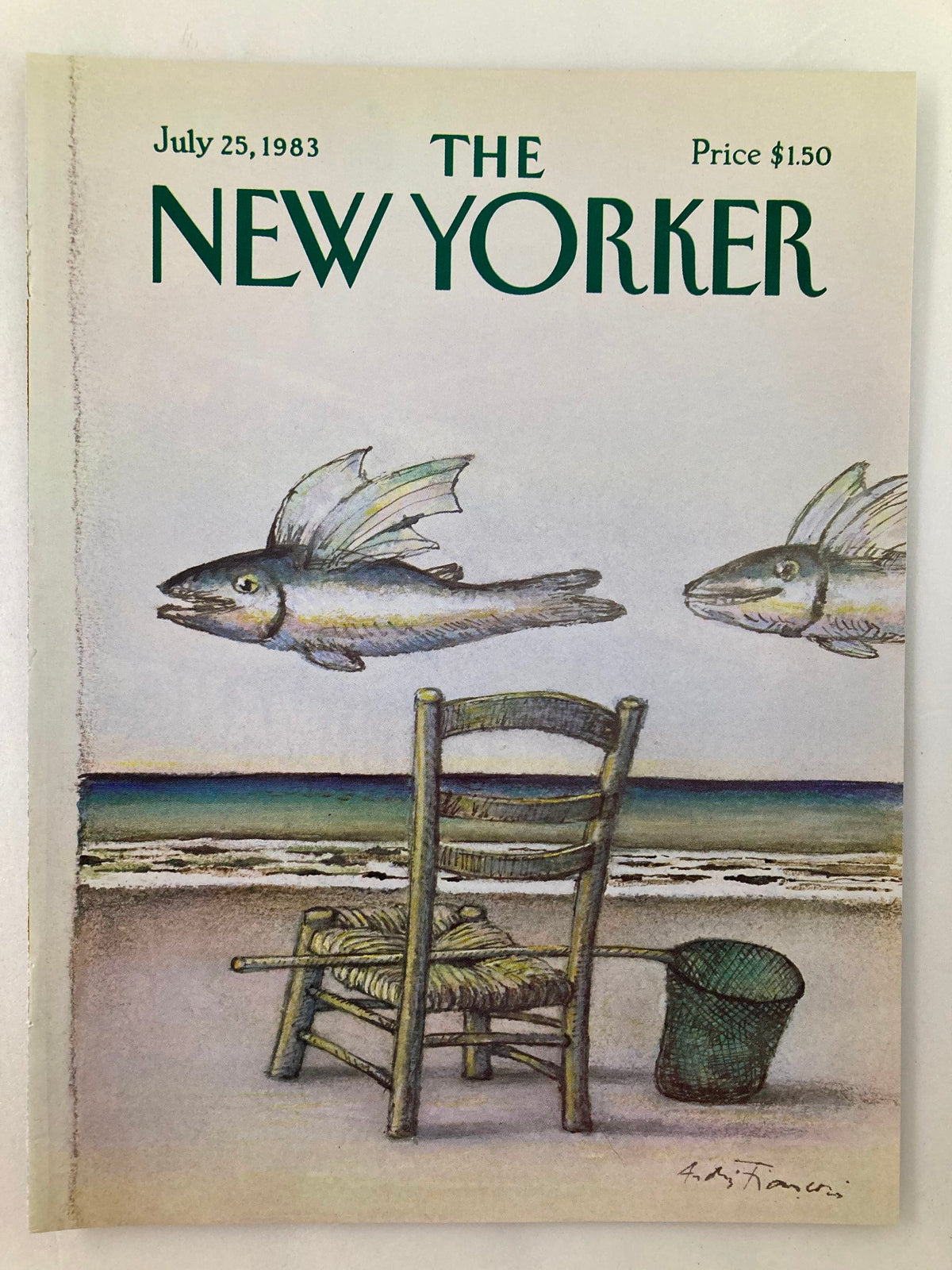 Cover only The New Yorker July 25 1983 featuring the 'Sail Fish' artwork by Andre Francois, showcasing a whimsical beach scene with flying fish and a wooden chair.