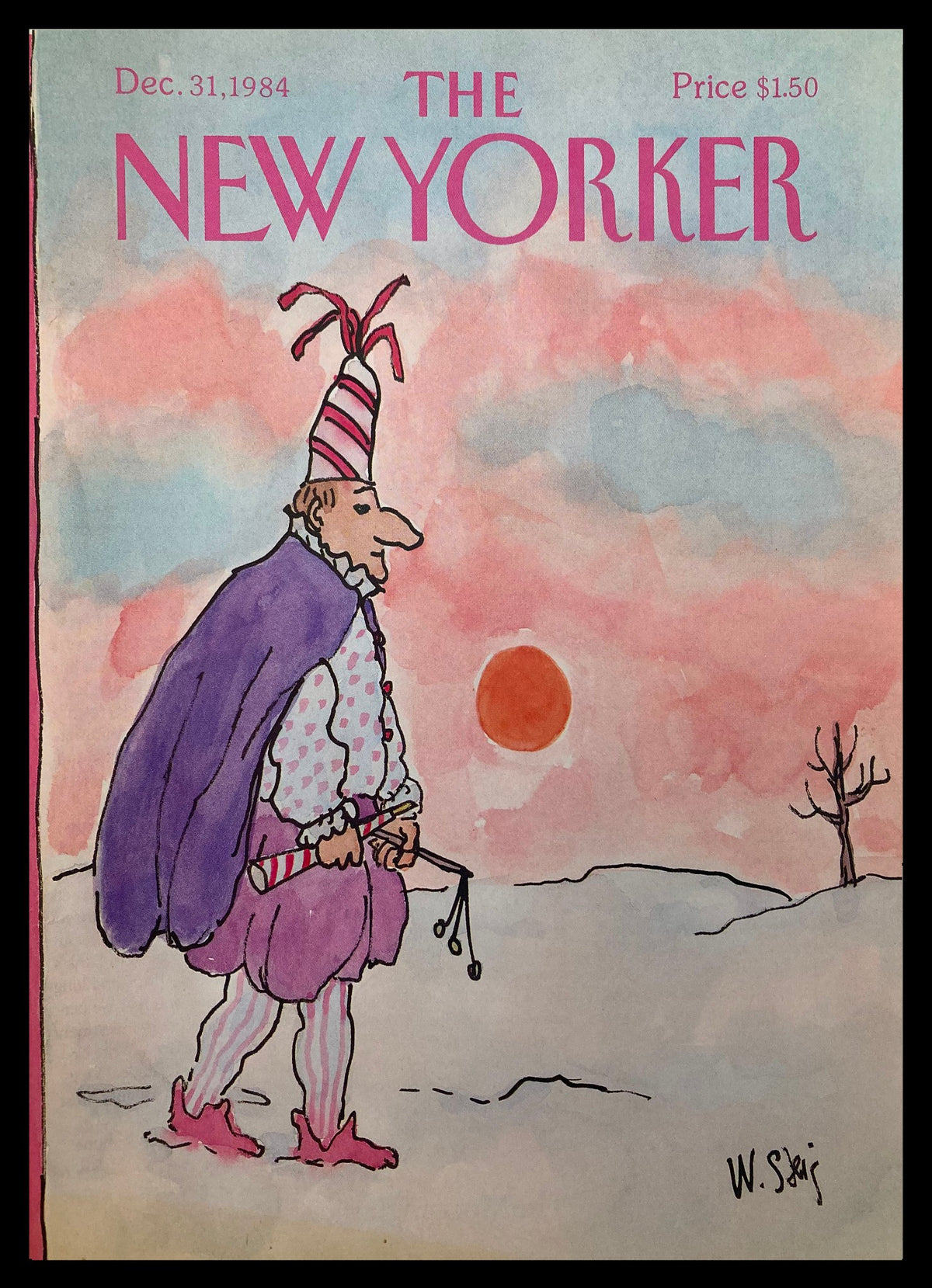 Cover only of The New Yorker December 31 1984 featuring a playful sunset illustration by William Steig, showcasing a whimsical character in colorful clothing walking against a vibrant background.