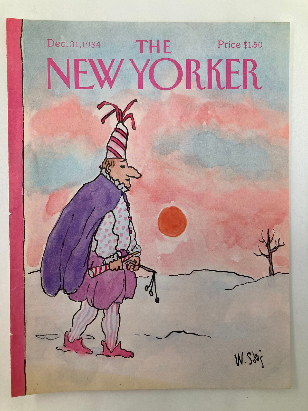 Cover only of The New Yorker December 31 1984 featuring a charming sunset illustration by William Steig, depicting a whimsical figure in a unique outfit strolling in a colorful winter landscape.