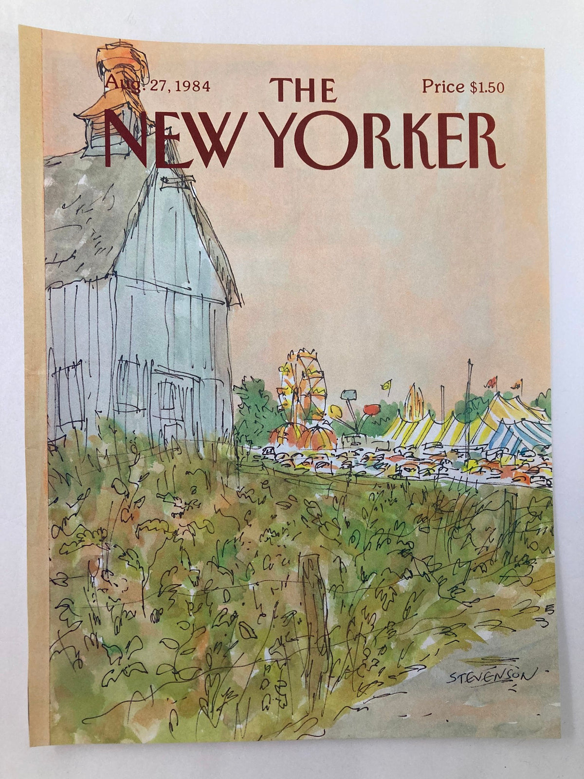 COVER ONLY The New Yorker August 27 1984 Carnival by James Stevenson, showcasing a vibrant carnival scene with festivities illustrated in soft colors, framed by a rustic building and lush greenery.