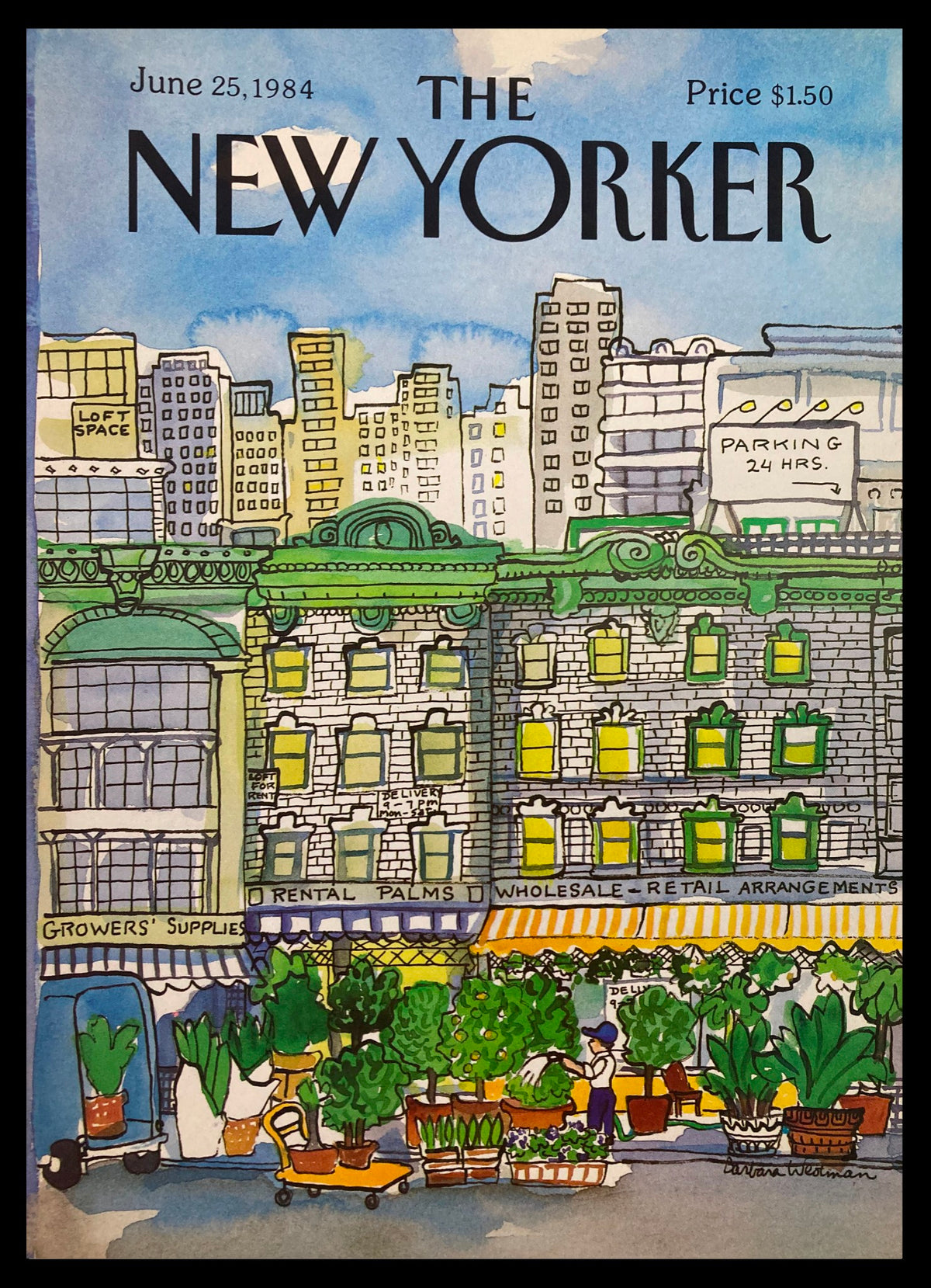 Cover of The New Yorker June 25 1984, illustrated by Barbara Westman, featuring a vibrant cityscape with buildings and greenery, highlighting the theme 'Parking 24hrs'.