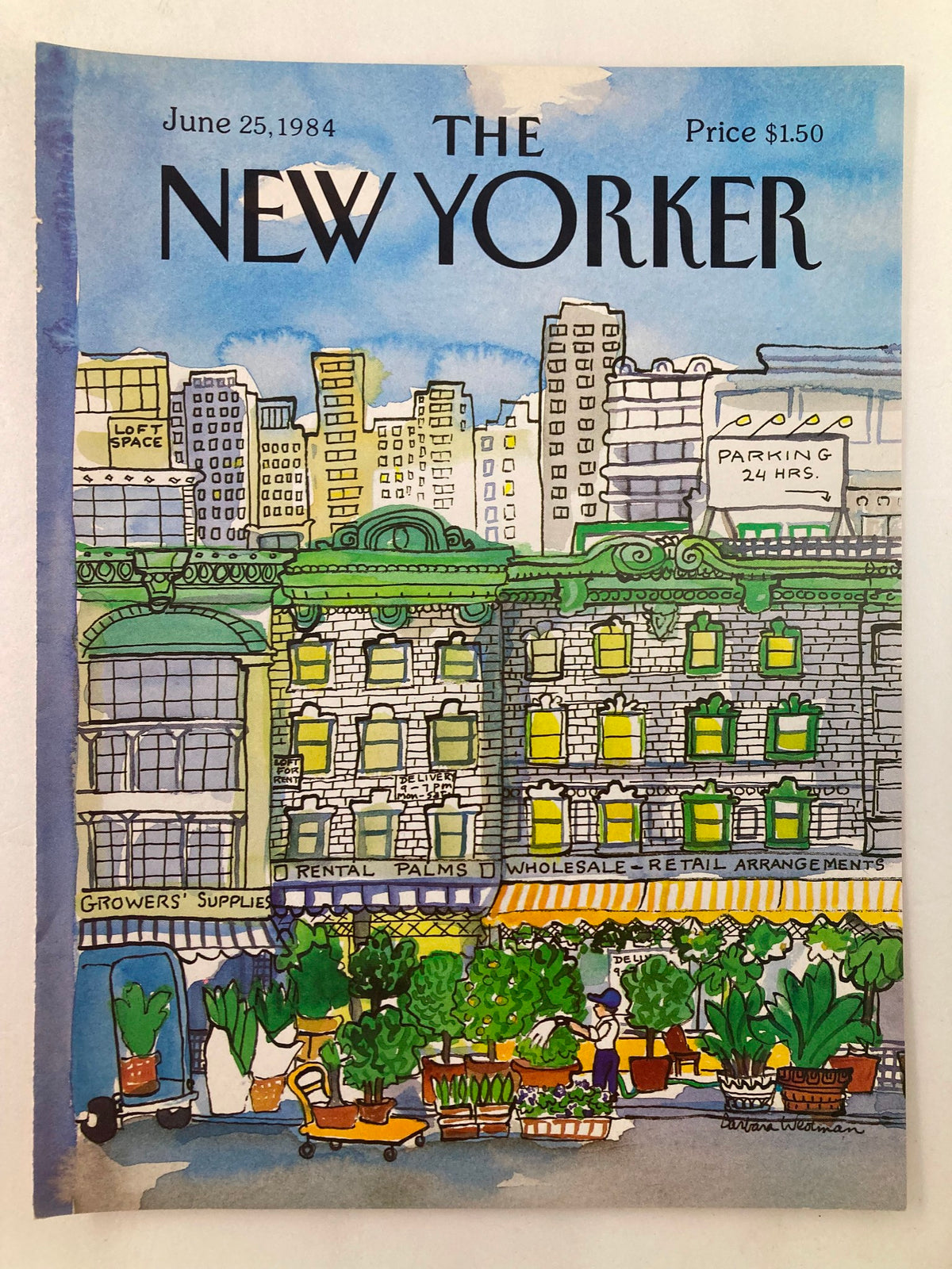 Another view of the cover of The New Yorker June 25 1984, designed by Barbara Westman, showcasing a colorful urban scene with shops and plants, captioned 'Parking 24hrs'.
