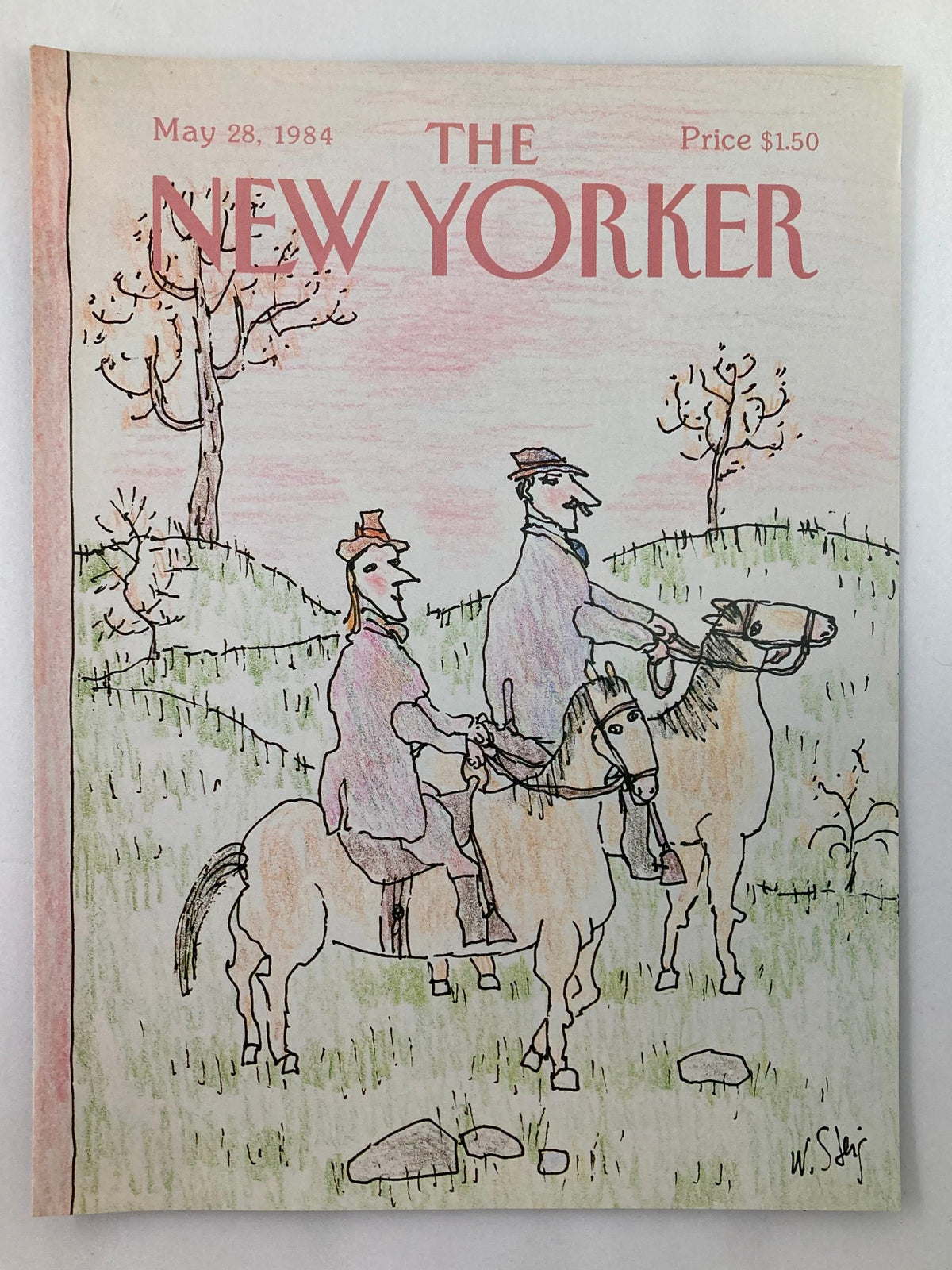 COVER ONLY The New Yorker May 28 1984 Cowboy by William Steig, showcasing a colorful depiction of a cowboy couple riding horses in a scenic landscape.