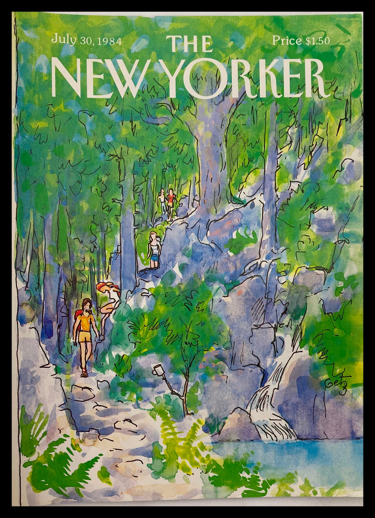 COVER ONLY The New Yorker July 30 1984 Hiking by Arthur Getz featuring a vibrant hiking scene with people walking through a green forest, illustrated in a watercolor style.