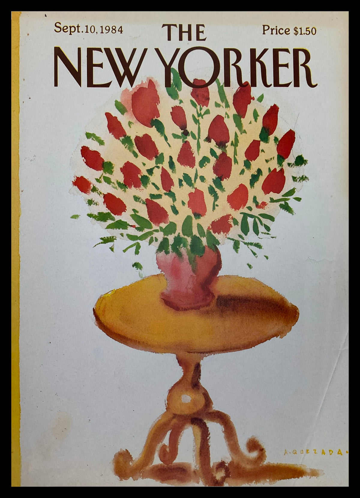 Cover of The New Yorker magazine from September 10, 1984, featuring a vibrant Rose Vase illustration by Abel Quezada, displayed against a vintage-style table.