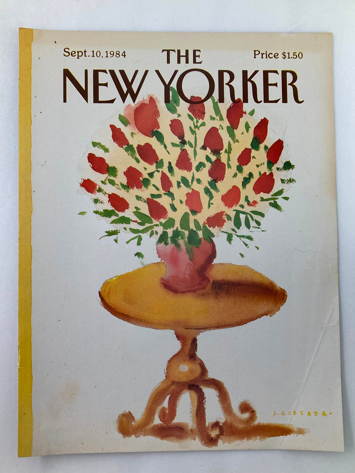 A close-up view of The New Yorker cover dated September 10, 1984, showcasing a beautifully painted Rose Vase by Abel Quezada, with visible age marks enhancing its vintage charm.