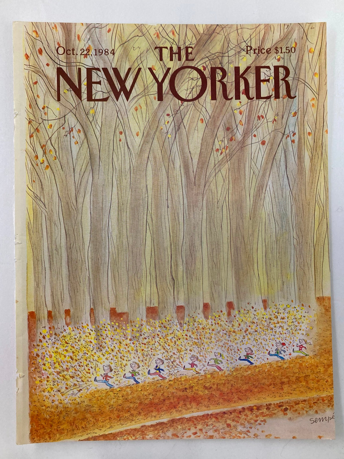 COVER ONLY The New Yorker October 22 1984 depicting the artwork "Marching" by J.J. Sempé, illustrating children playfully running amidst a vibrant autumn landscape of trees and foliage.