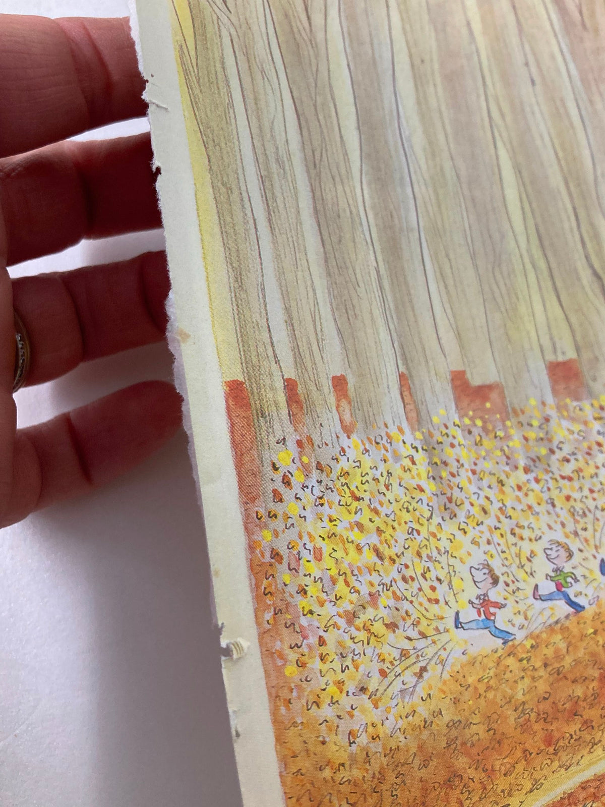 Detailed view of the COVER ONLY The New Yorker October 22 1984 featuring "Marching" by J.J. Sempé, highlighting the edges of the cover with autumn leaves and trees.