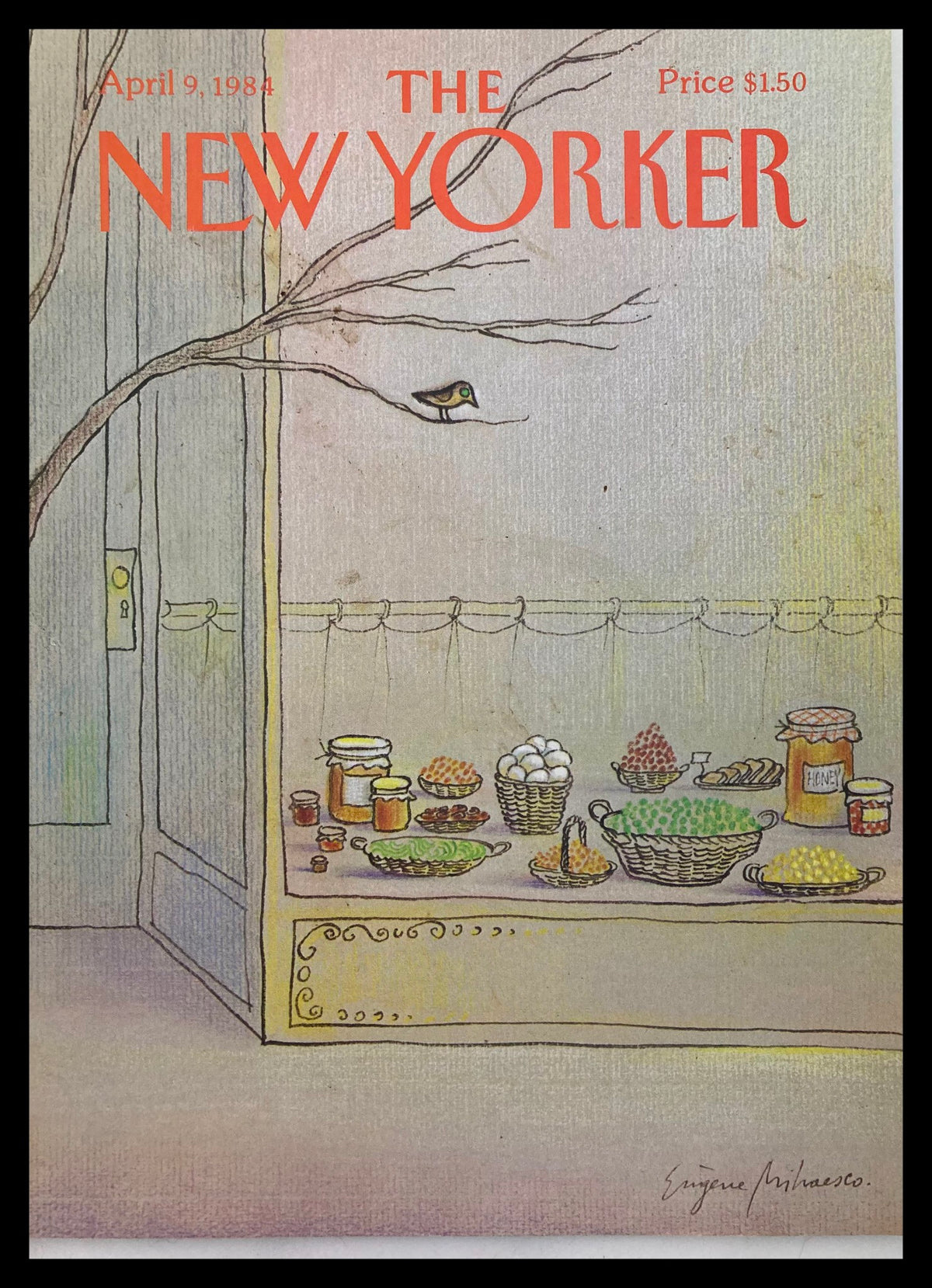 Cover of The New Yorker dated April 9, 1984, titled 'Honey Dip' by Eugene Mihaesco, featuring artistic illustrations of food items and a bird, ideal for art collectors and vintage magazine enthusiasts.
