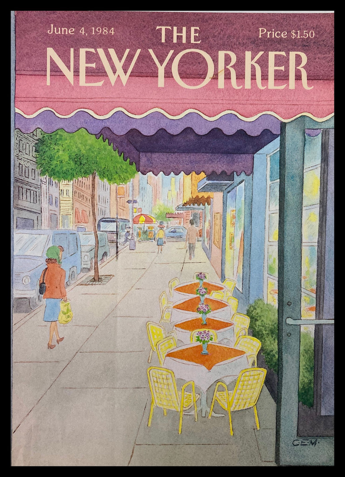 Cover image of The New Yorker magazine, June 4, 1984, featuring a charming cafe scene by Charles E. Martin, showcasing outdoor tables with flower centerpieces, street view, and vibrant city art.