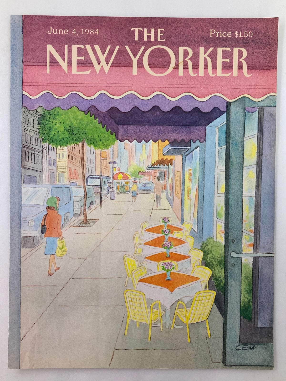 COVER ONLY The New Yorker June 4 1984, Cafe by Charles E. Martin, showcasing a vibrant street scene with outdoor tables, colorful awnings, and pedestrians.