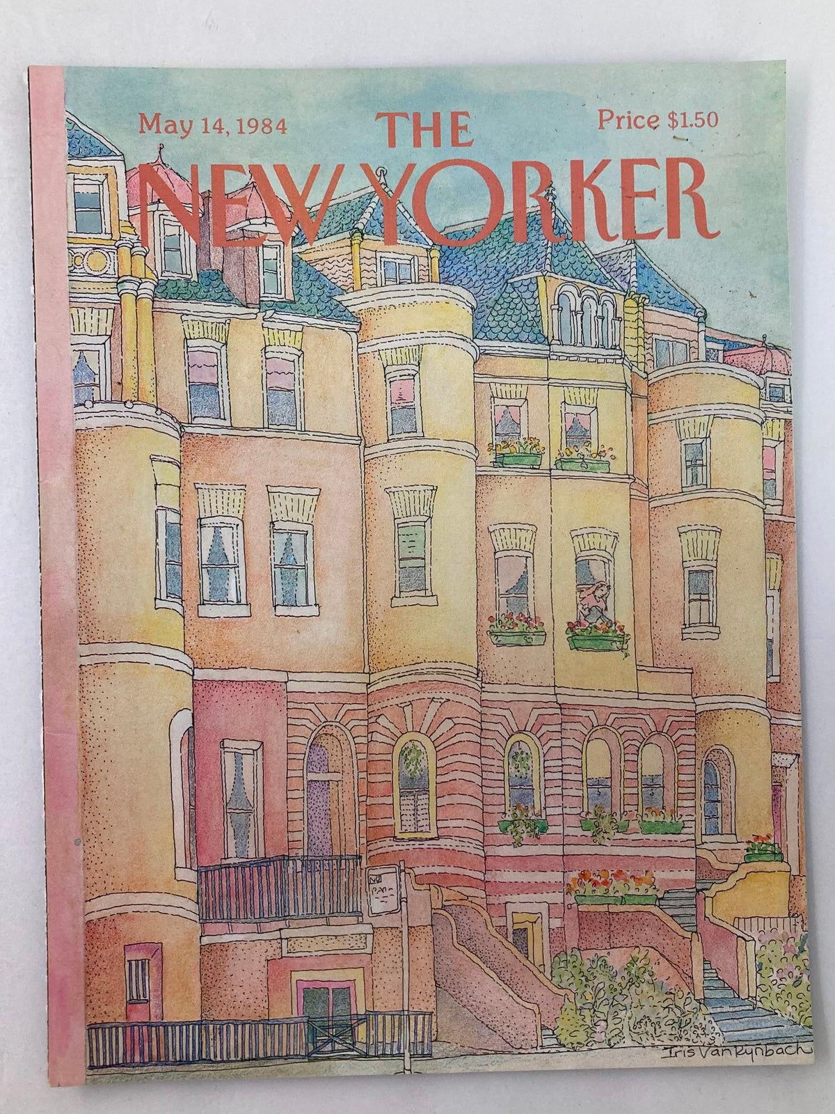 COVER ONLY The New Yorker May 14 1984 Apartment illustration by Iris Van Rynbach displaying charming residential buildings with flower boxes, highlighting vintage magazine art from the 1980s.