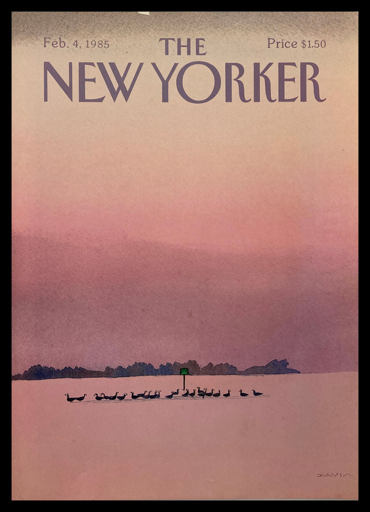 The New Yorker cover from February 4, 1985 featuring artwork titled 'Duck Calling' by Susan Davis, depicting a serene landscape with ducks and a pastel sky.
