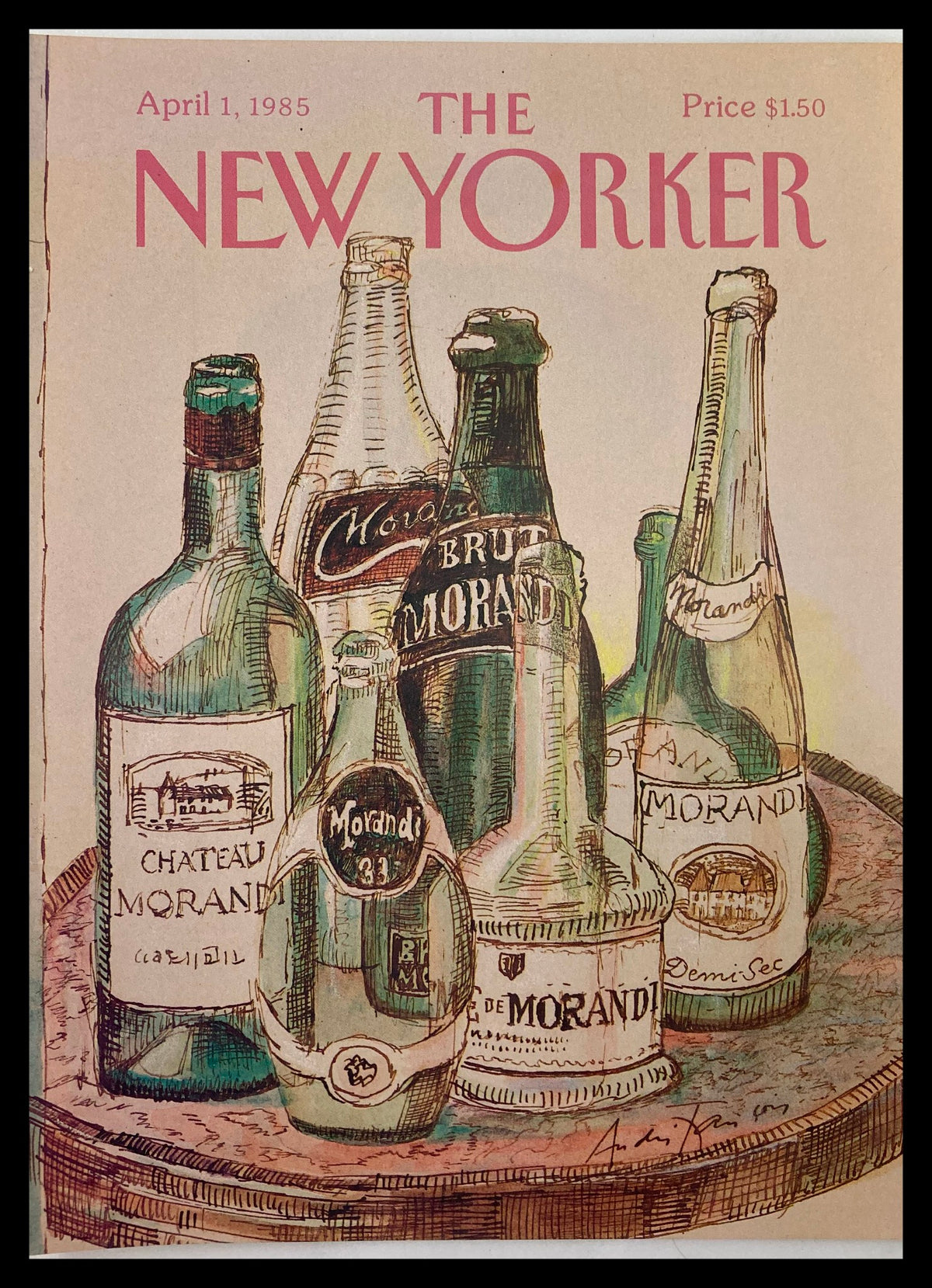 COVER ONLY The New Yorker April 1 1985 Empty Bottles by Andre Francois, featuring a whimsical illustration of various bottles on a tray, capturing a vintage aesthetic.