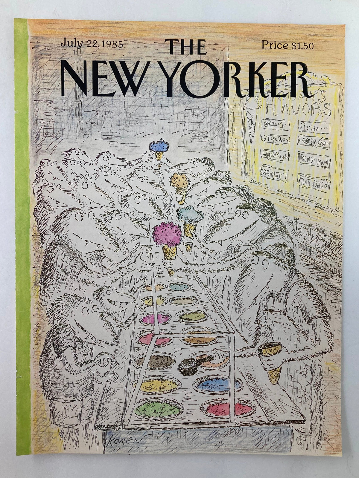 The New Yorker July 22 1985 Cover, featuring an illustration by Edward Koren depicting whimsical characters enjoying ice cream at a colorful flavor selection counter.